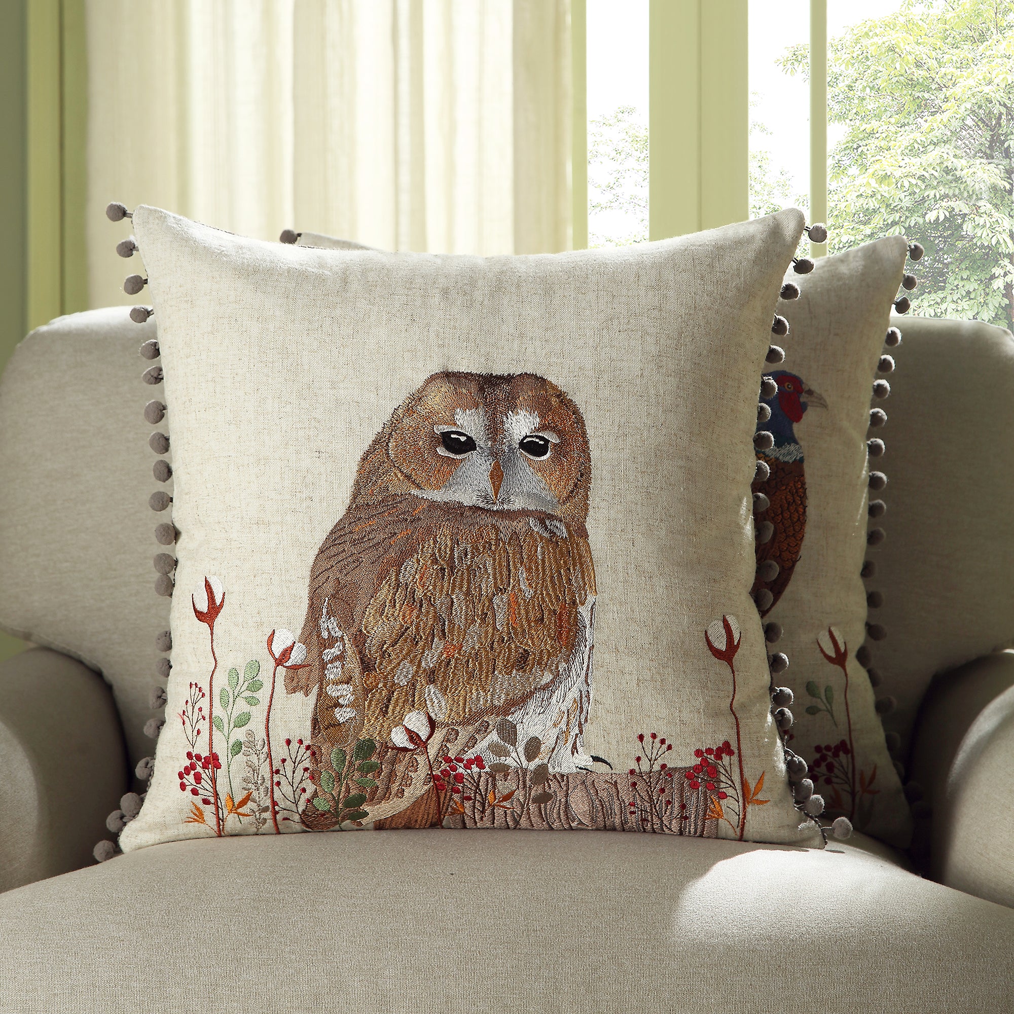 Country Collection Owl Embroidered Linen Blend Cushion