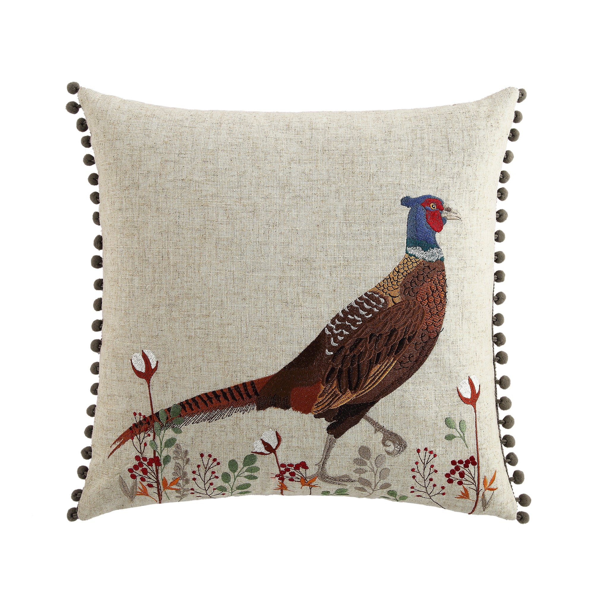 Country Collection Pheasant Embroidered Linen Blend Cushion