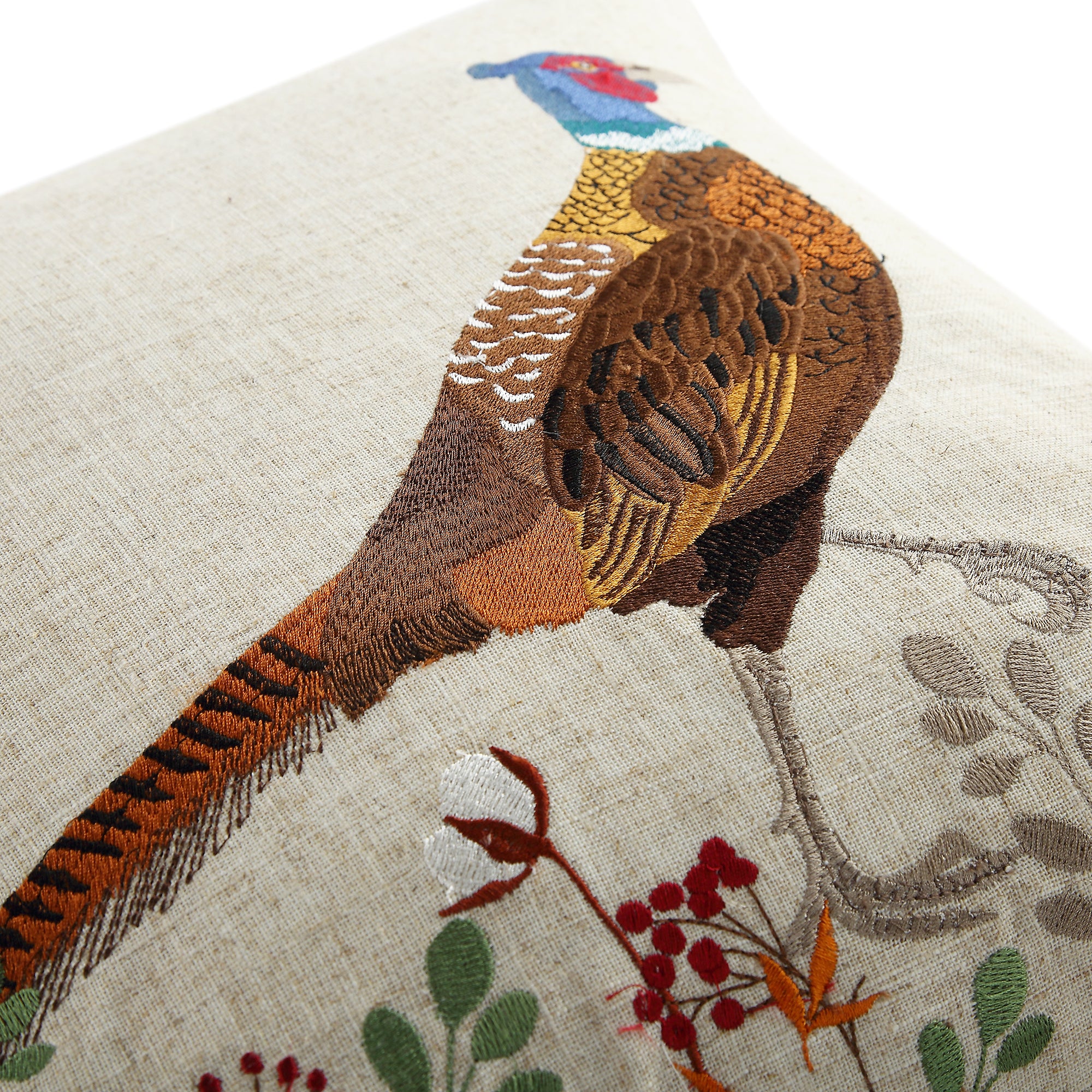 Country Collection Pheasant Embroidered Linen Blend Cushion