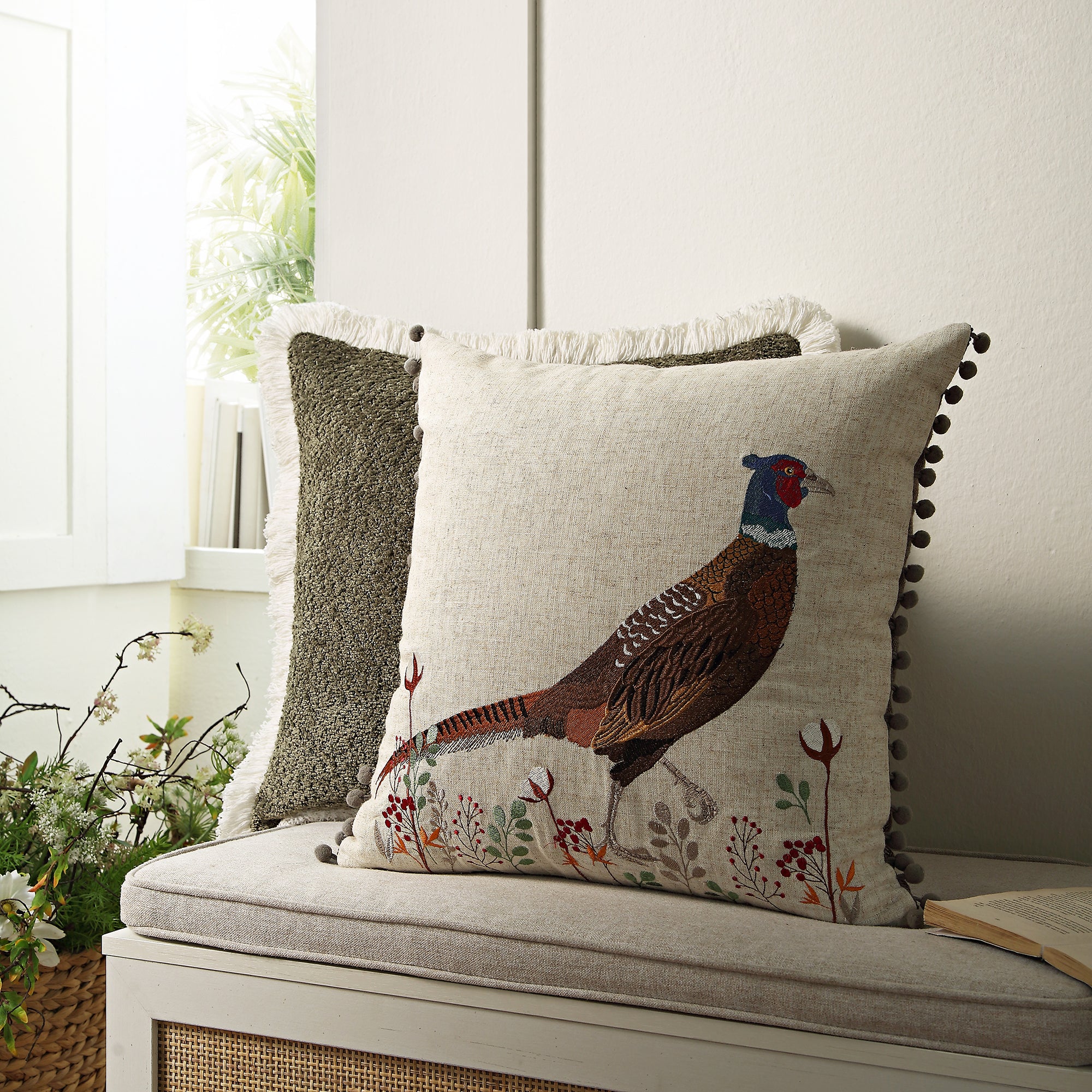 Country Collection Pheasant Embroidered Linen Blend Cushion