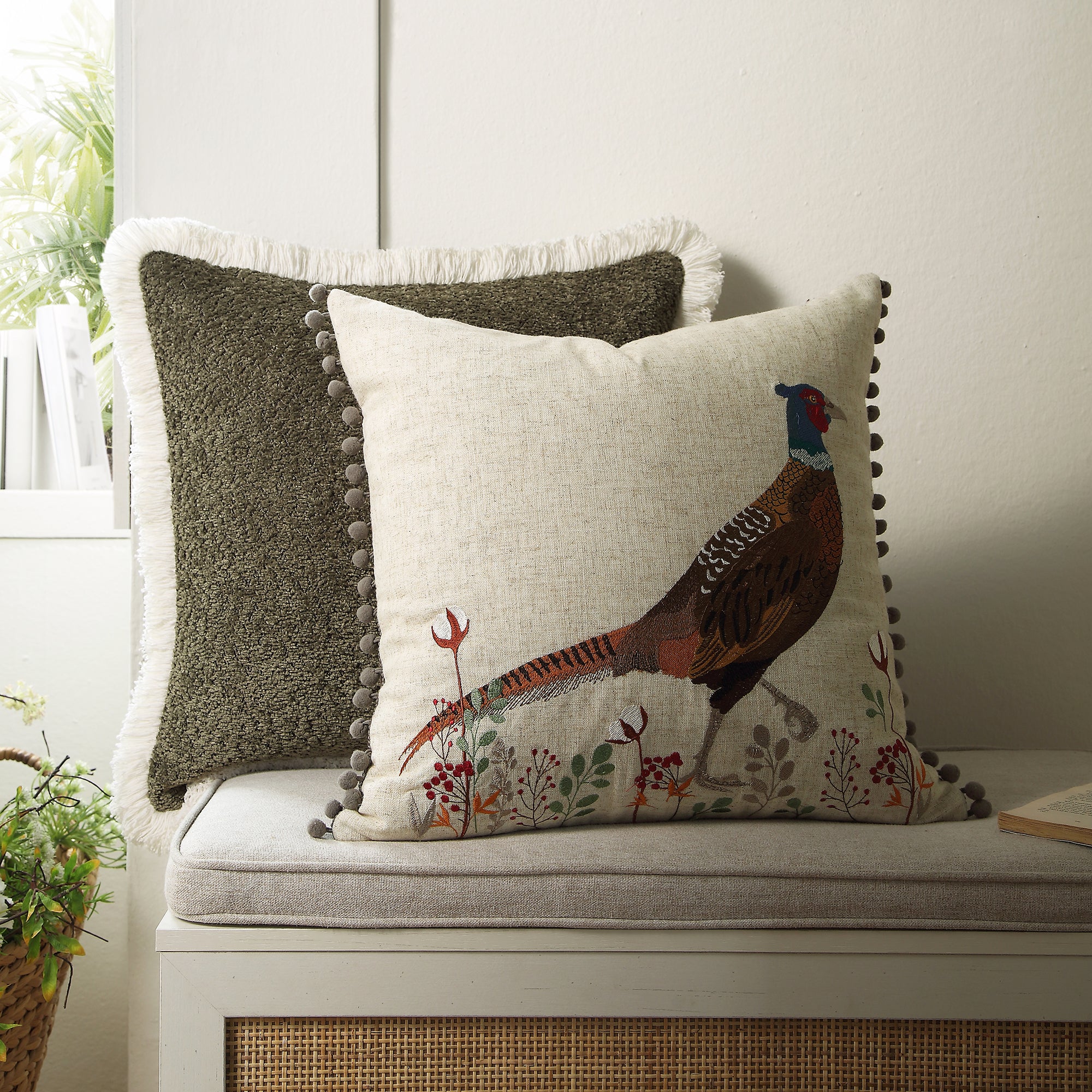 Country Collection Pheasant Embroidered Linen Blend Cushion