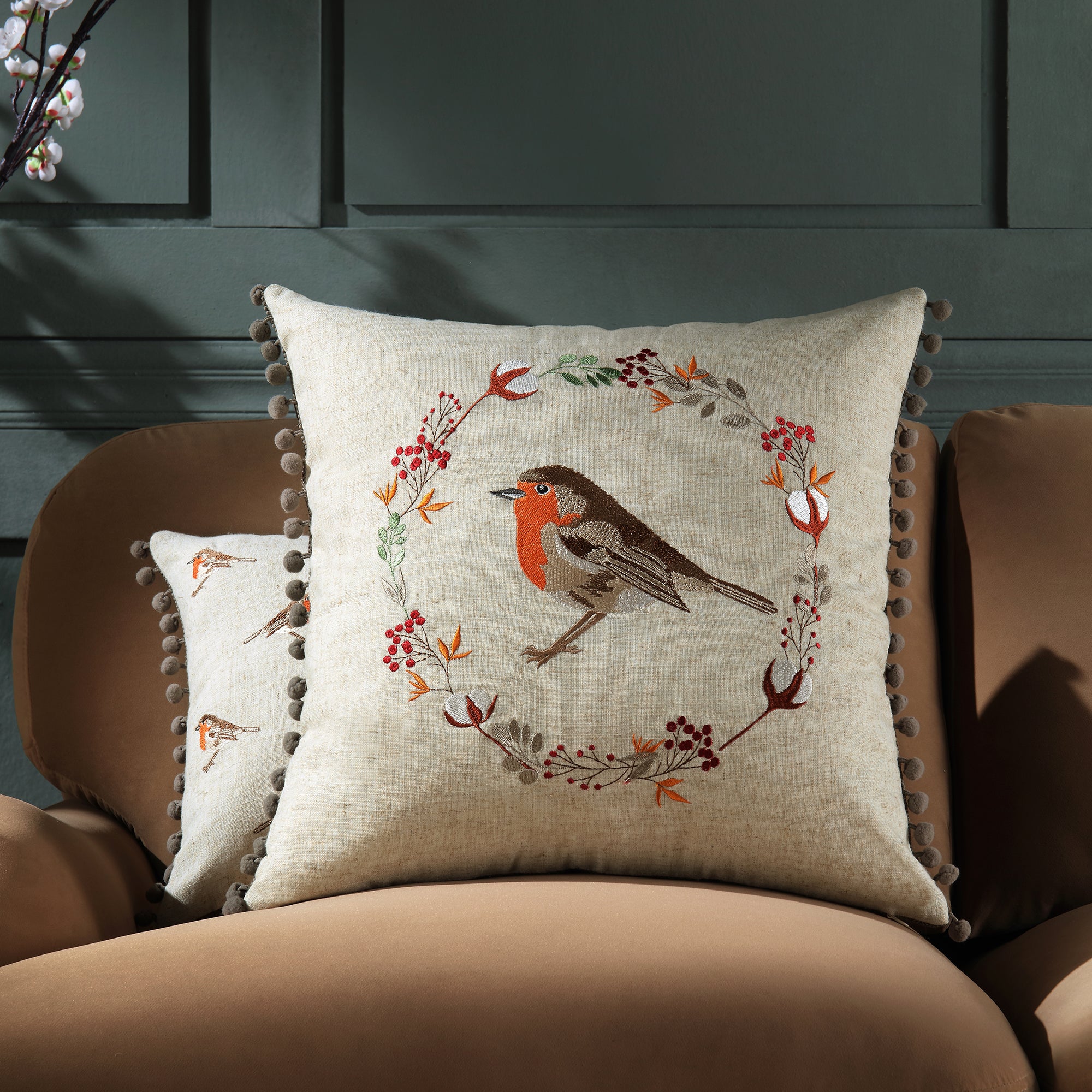 Country Collection Robin Embroidered Linen Blend Cushion