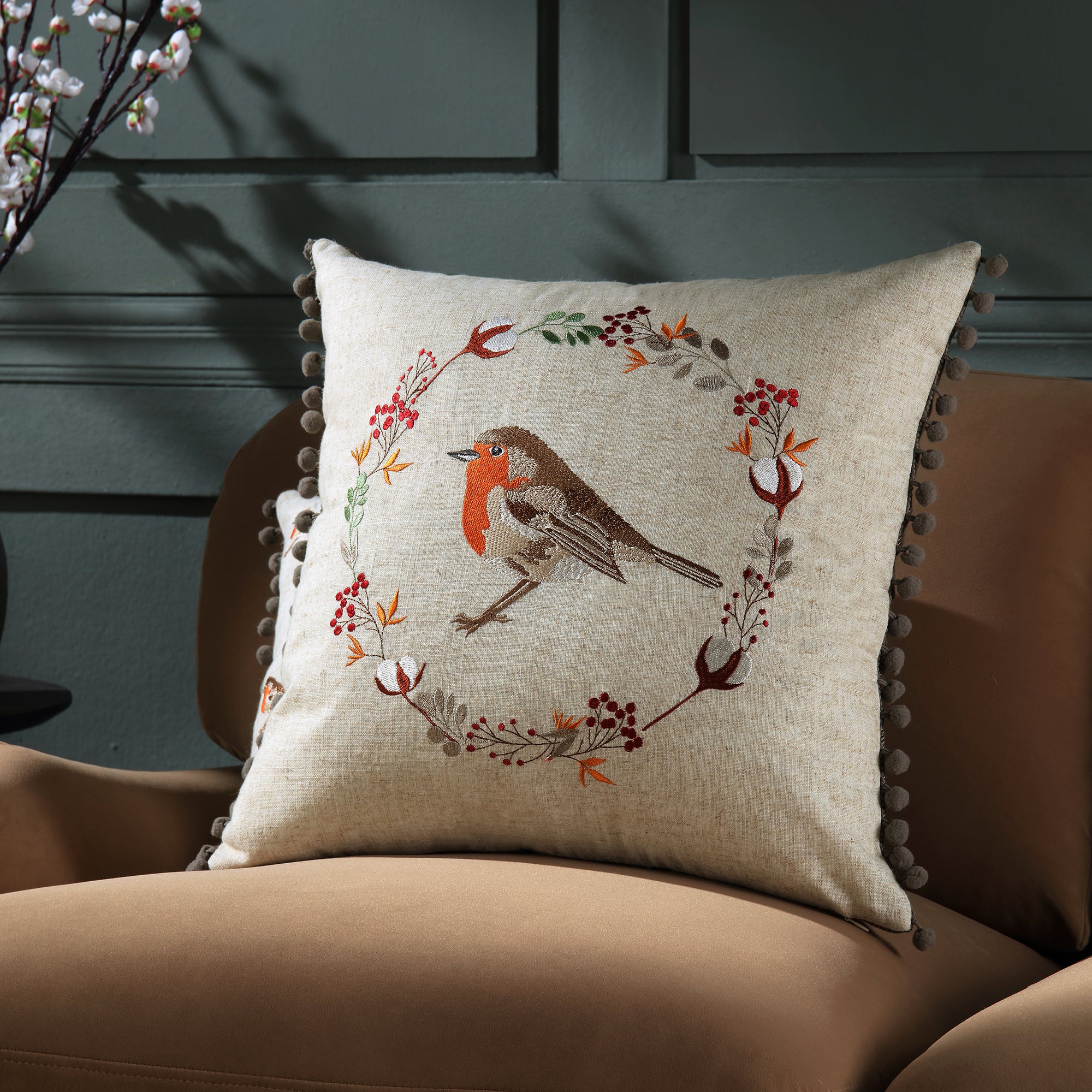 Country Collection Robin Embroidered Linen Blend Cushion