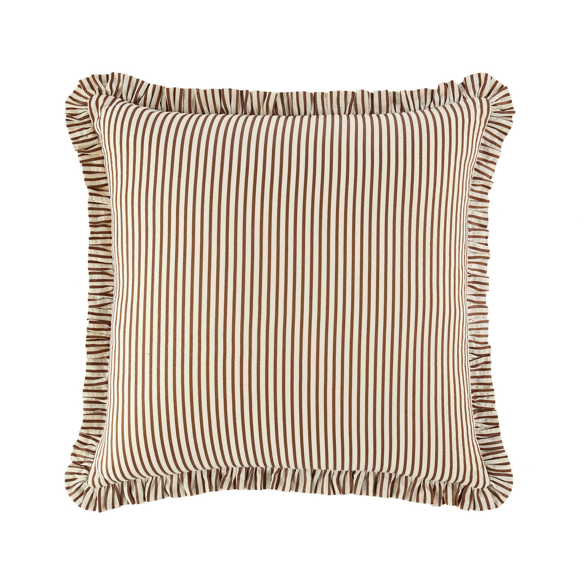 Iris Ticking Brown Stripe Seersucker Frill Cushion