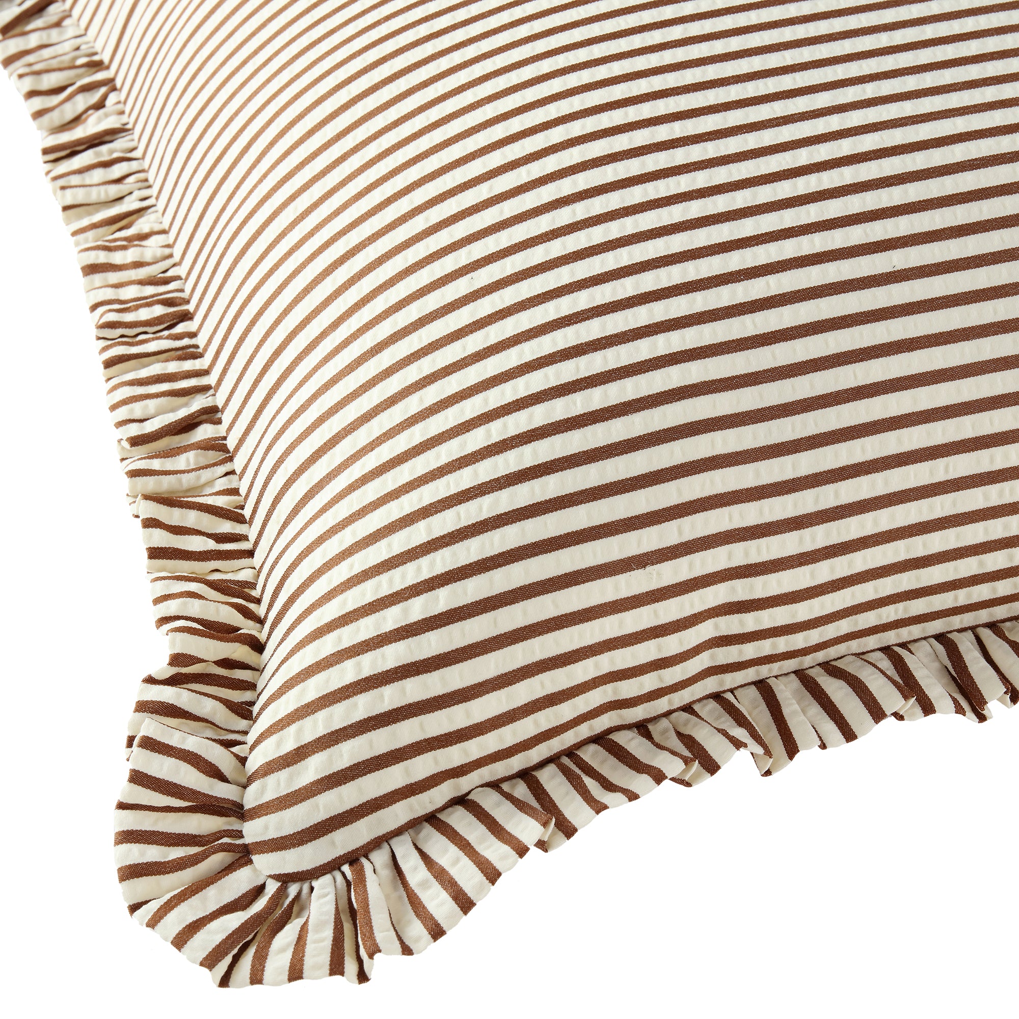 Iris Ticking Brown Stripe Seersucker Frill Cushion