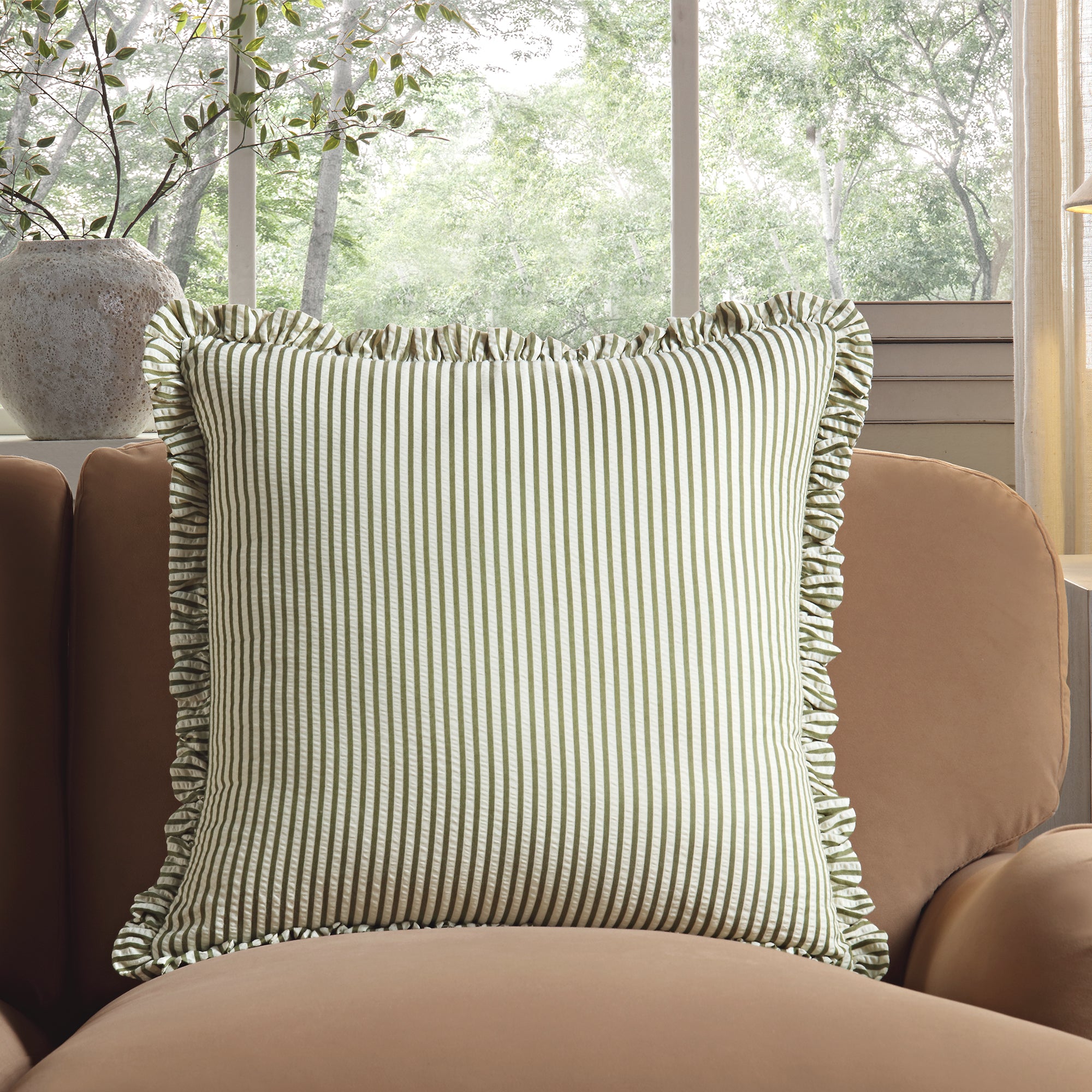 Iris Ticking Green Stripe Seersucker Frill Cushion