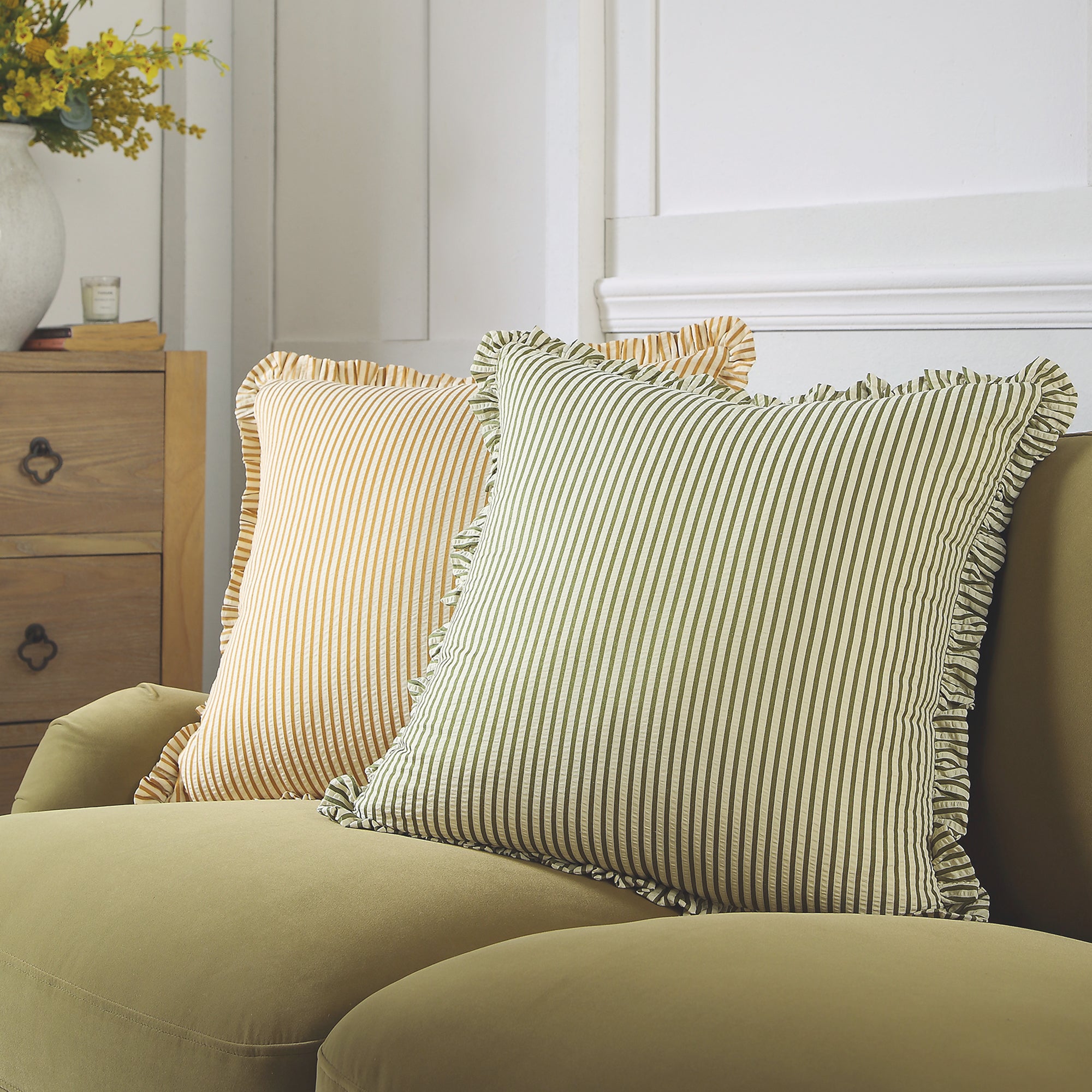 Iris Ticking Green Stripe Seersucker Frill Cushion