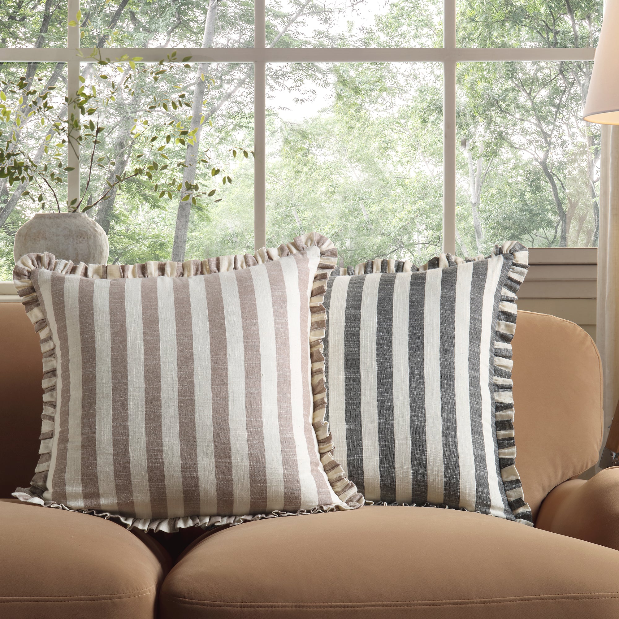 Edith Reversible Linen Blend Beige Striped Frill Cushion