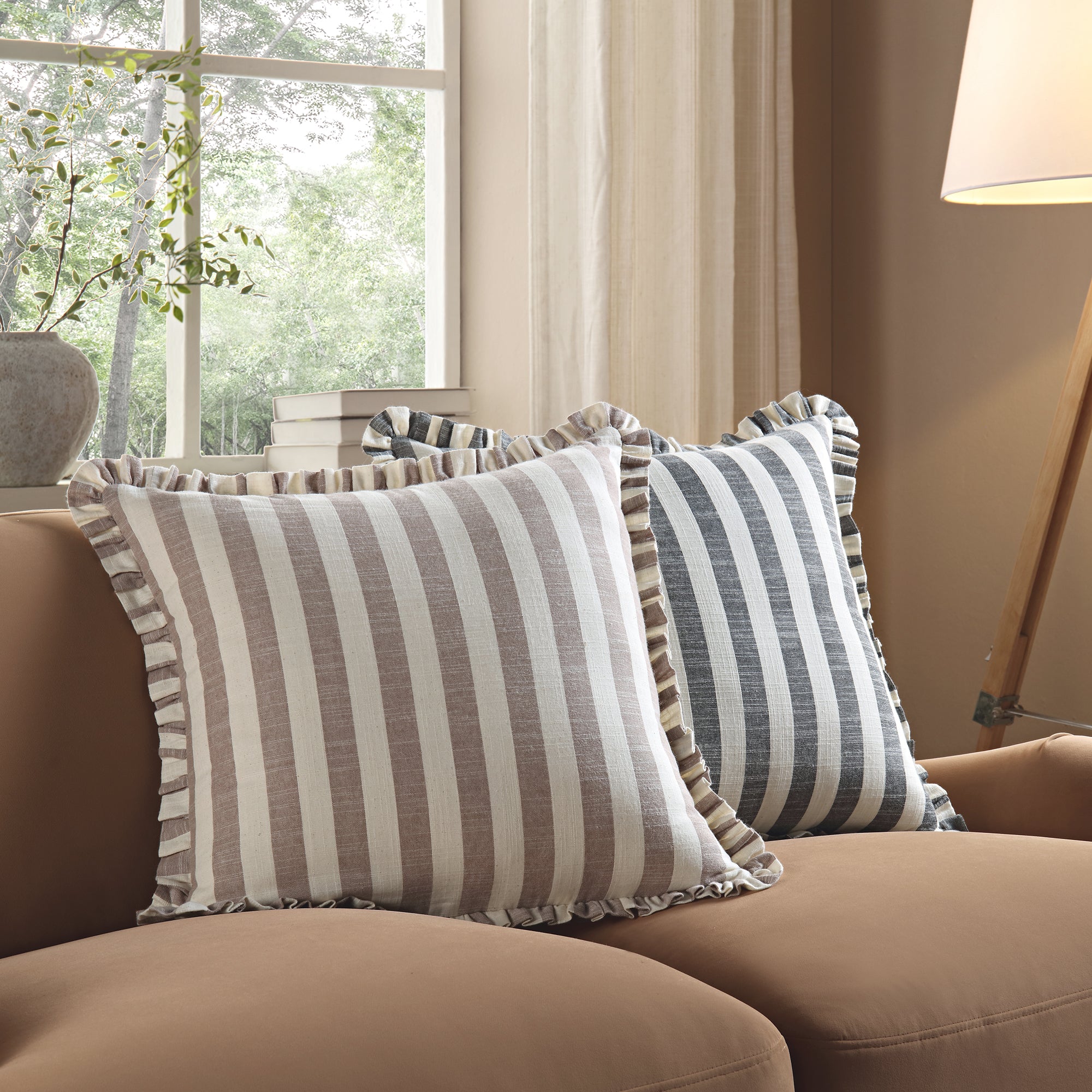 Edith Reversible Linen Blend Beige Striped Frill Cushion