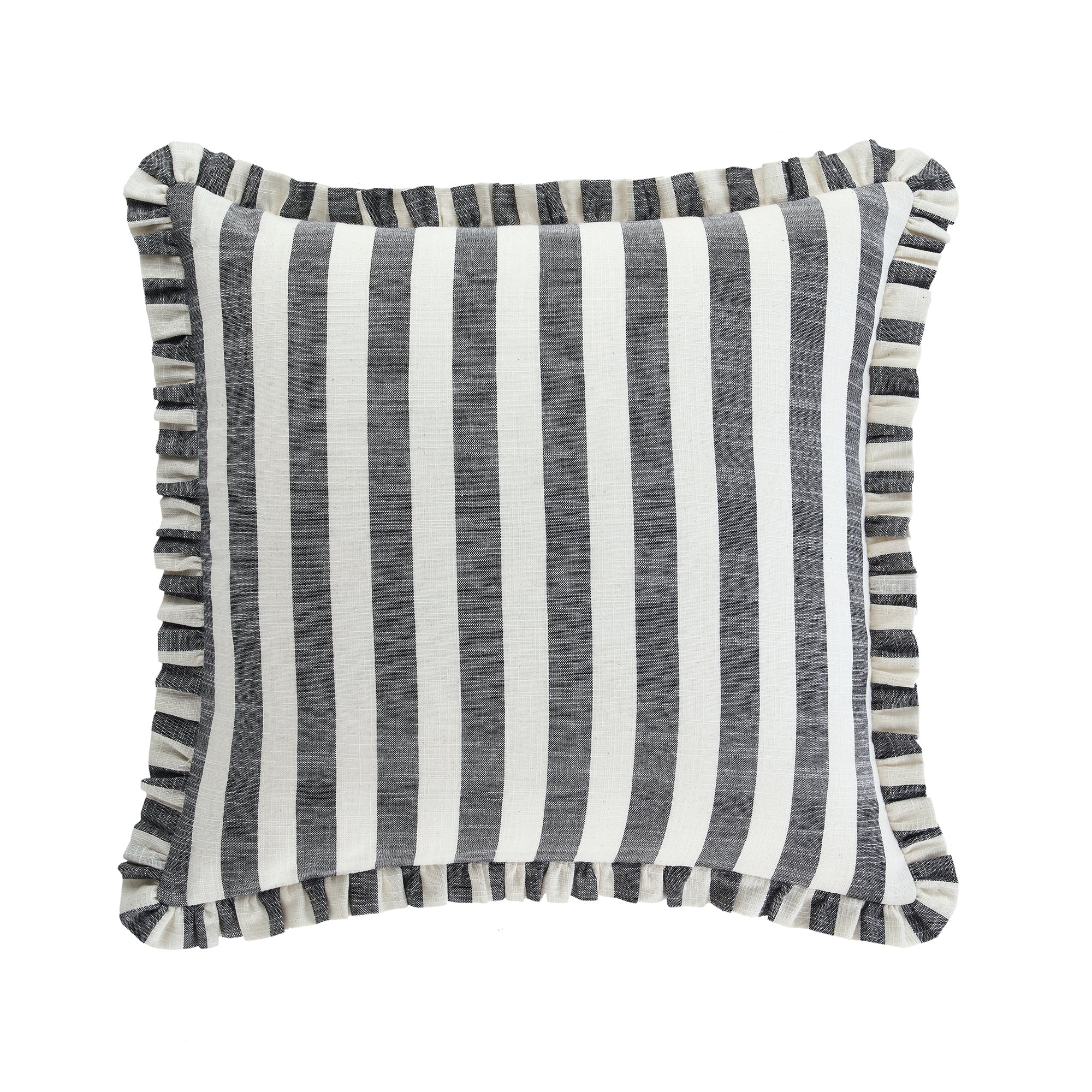 Edith Reversible Linen Blend Black Striped Frill Cushion