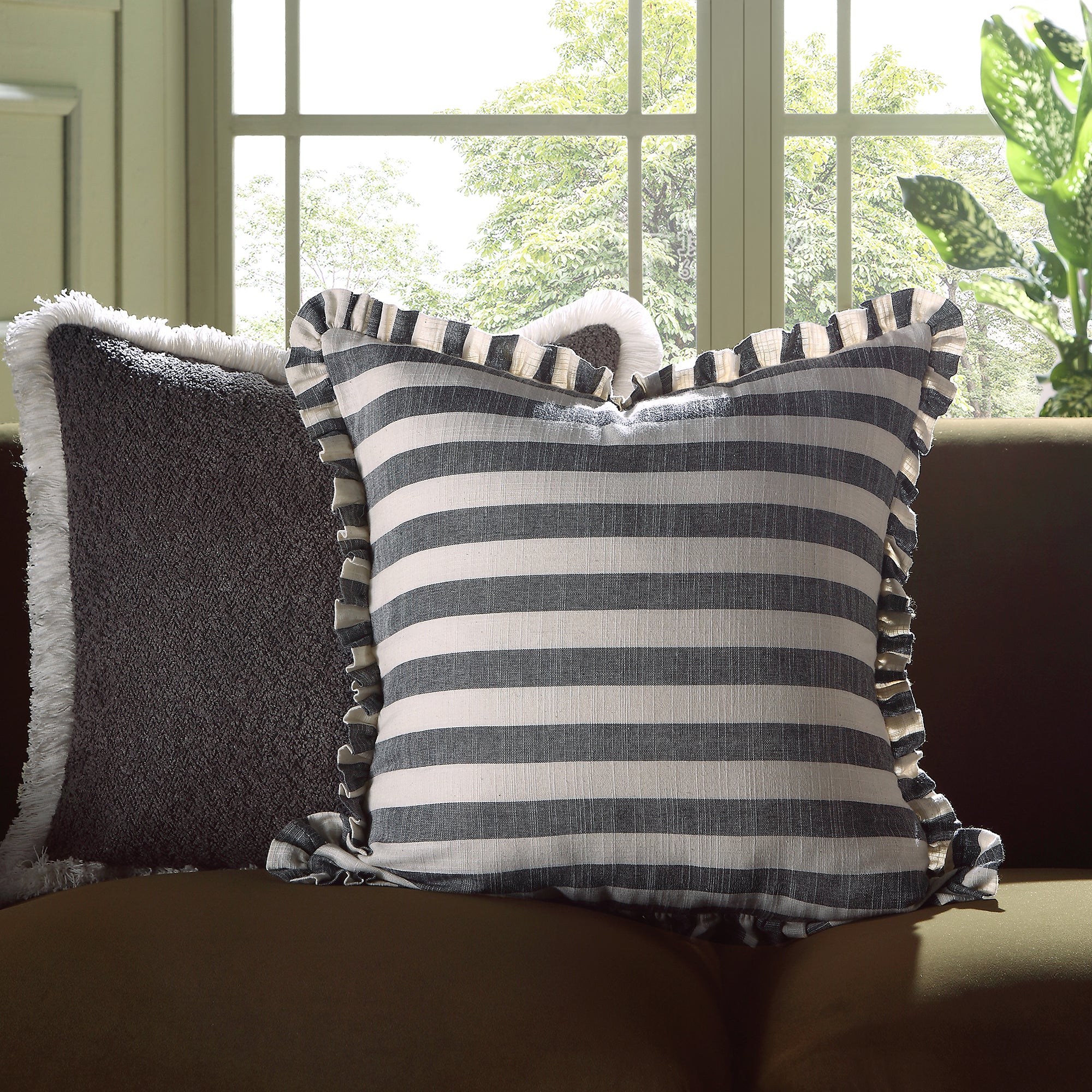 Edith Reversible Linen Blend Black Striped Frill Cushion