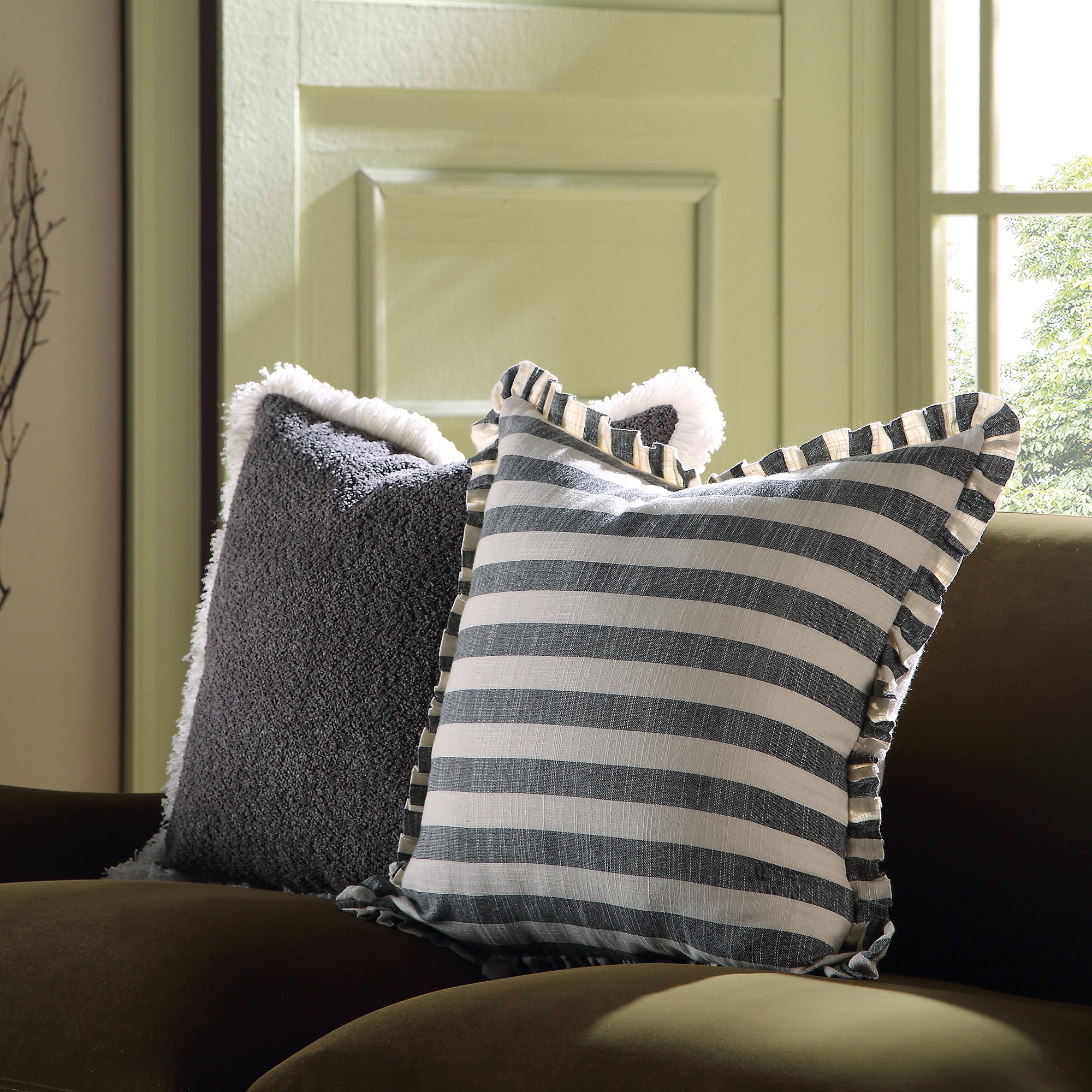 Edith Reversible Linen Blend Black Striped Frill Cushion