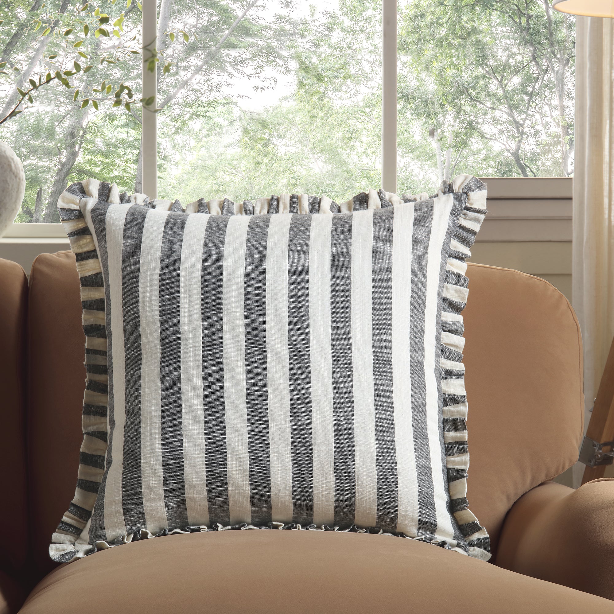 Edith Reversible Linen Blend Black Striped Frill Cushion