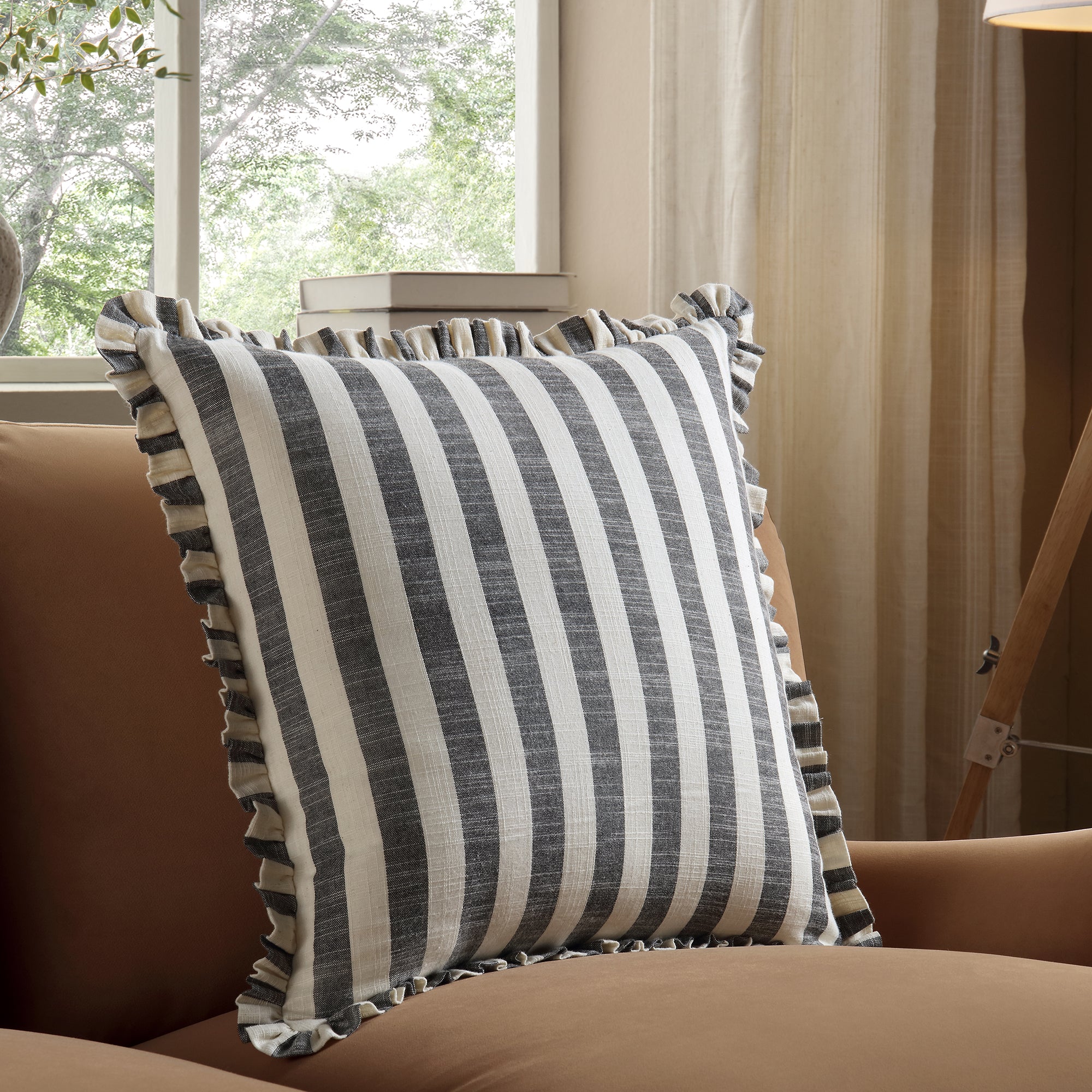 Edith Reversible Linen Blend Black Striped Frill Cushion