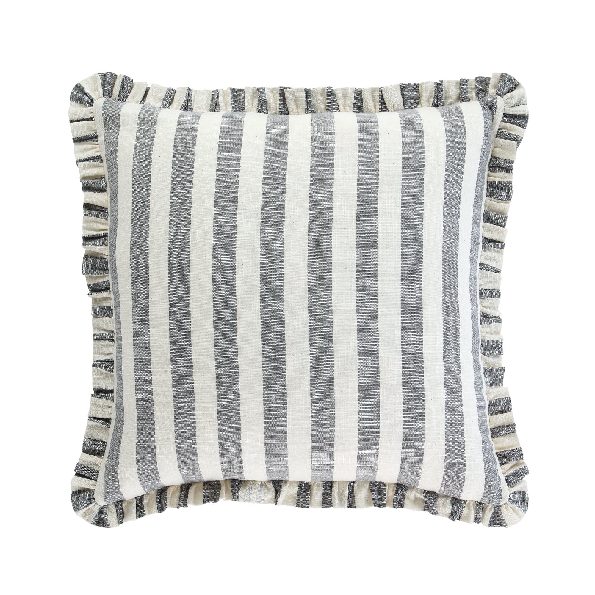 Edith Reversible Linen Blend Faded Denim Blue Striped Frill Cushion