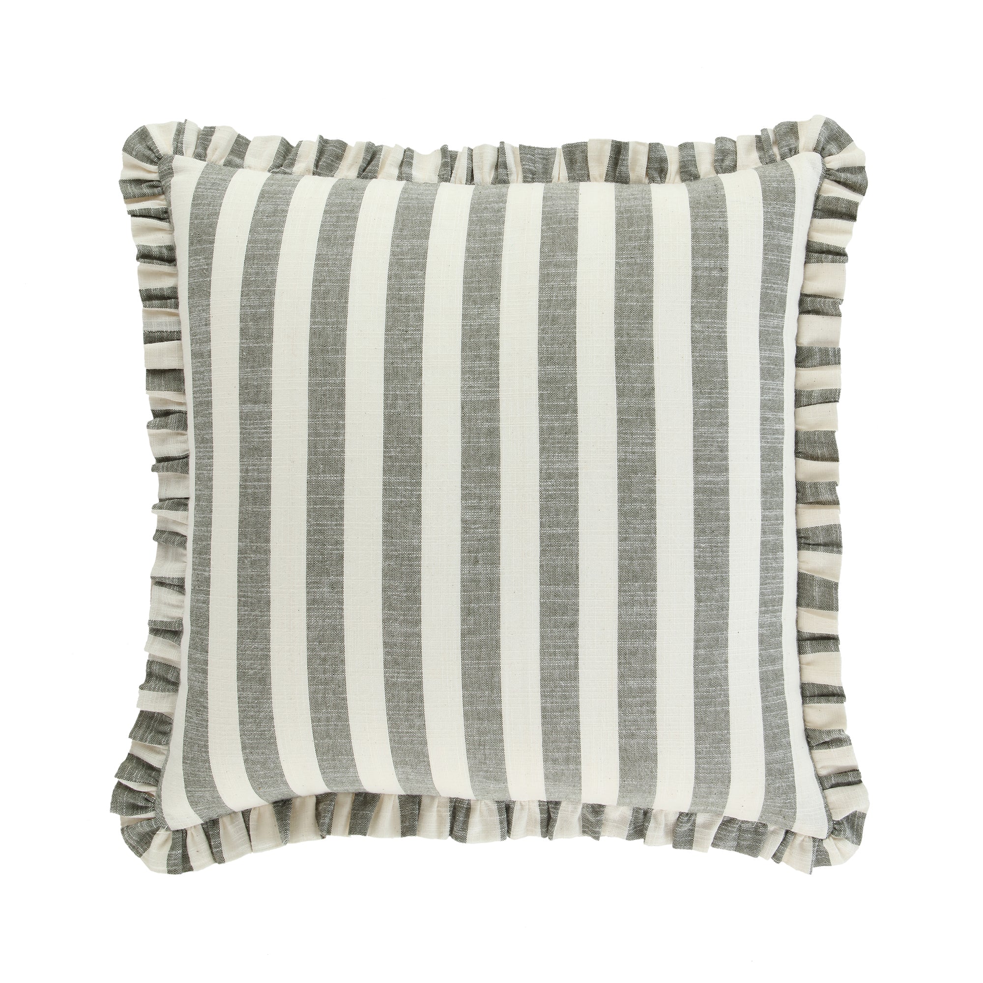 Edith Reversible Linen Blend Sage Green Striped Frill Cushion