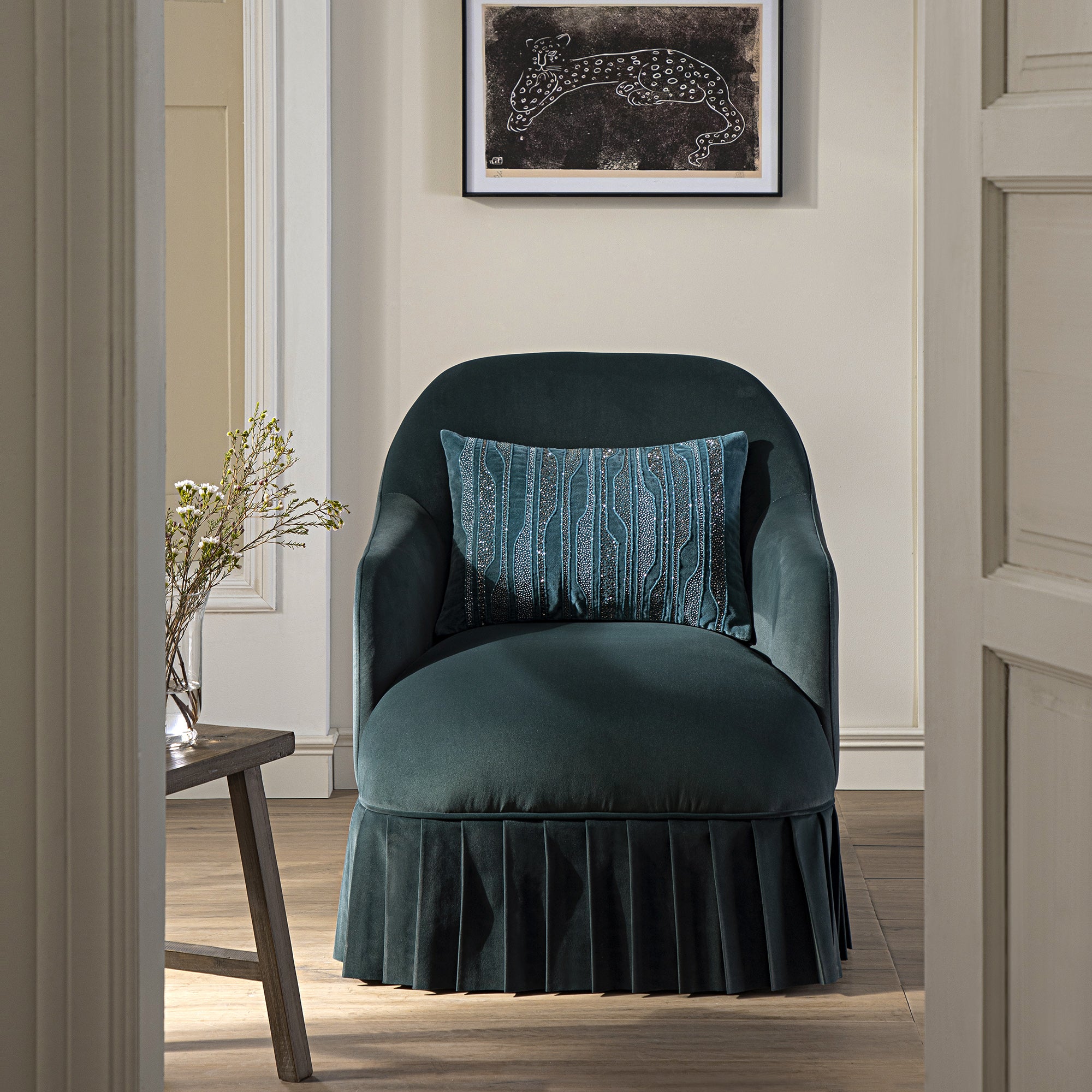 Calliope Skirted Armchair, Aegean Blue Velvet