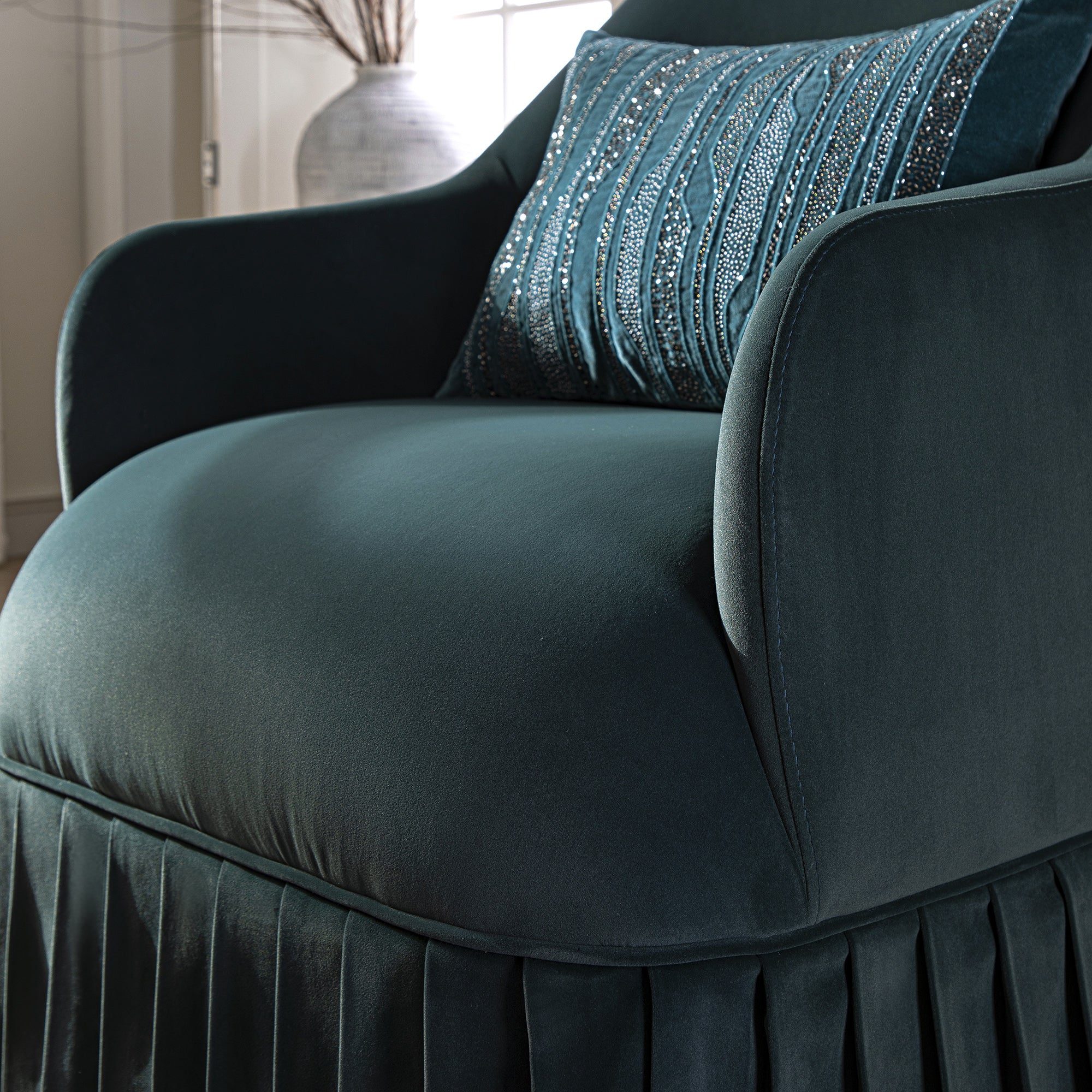 Calliope Skirted Armchair, Aegean Blue Velvet