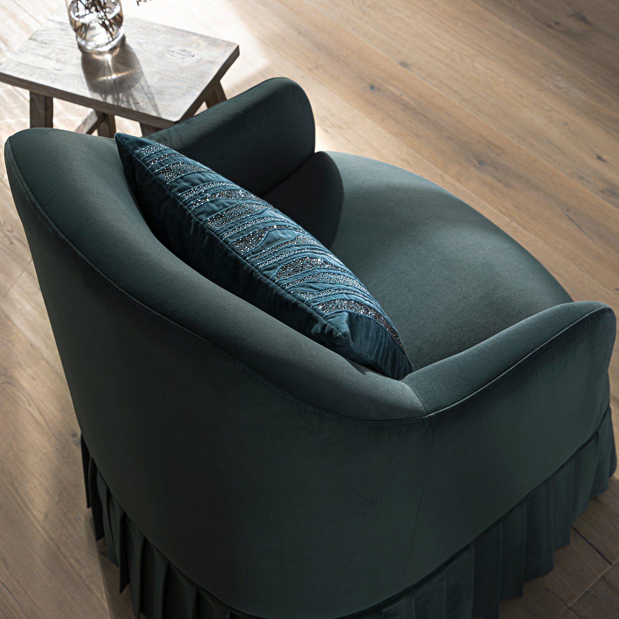 Calliope Skirted Armchair, Aegean Blue Velvet