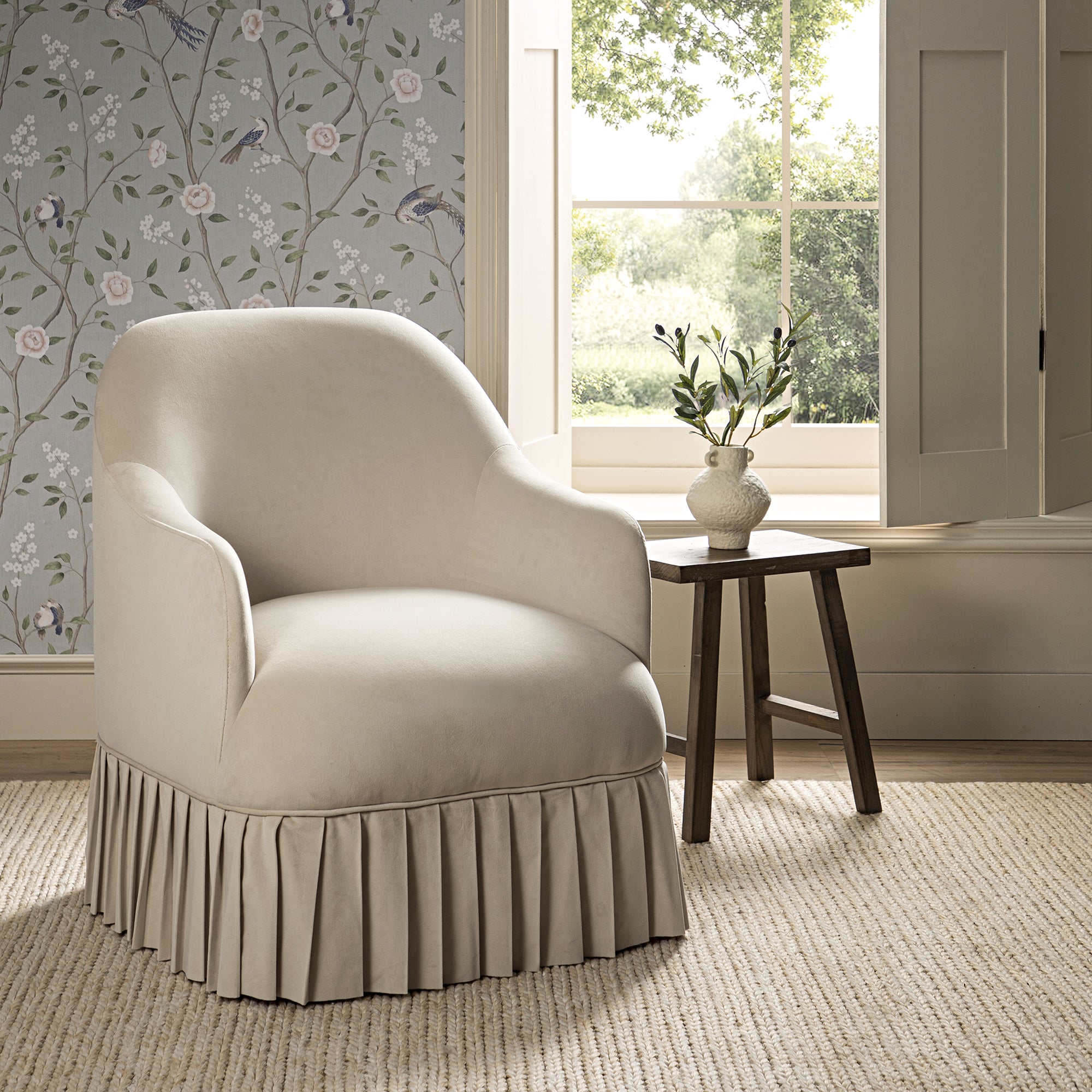 Calliope Skirted Armchair, Beige Velvet