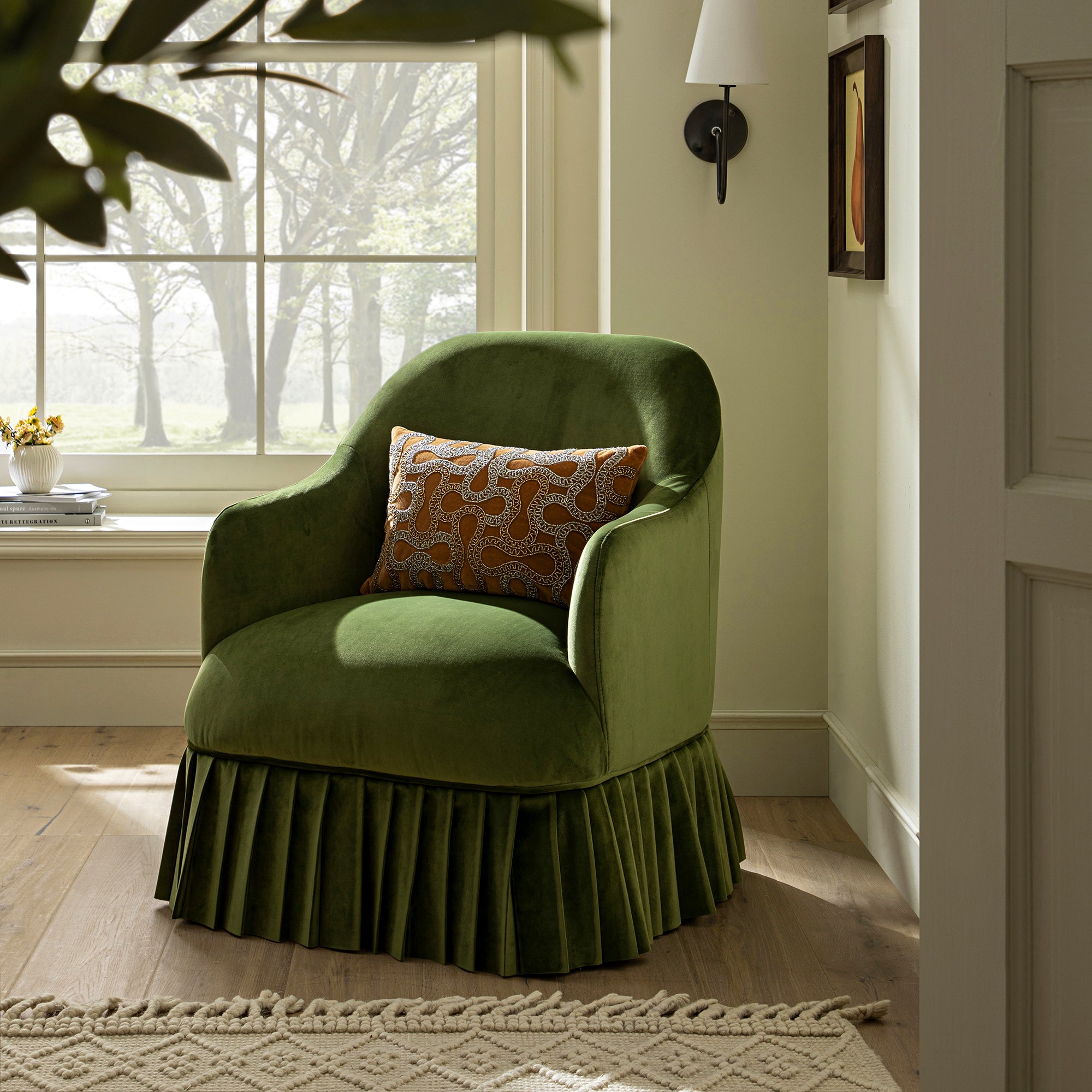 Calliope Skirted Armchair, Fern Green Velvet