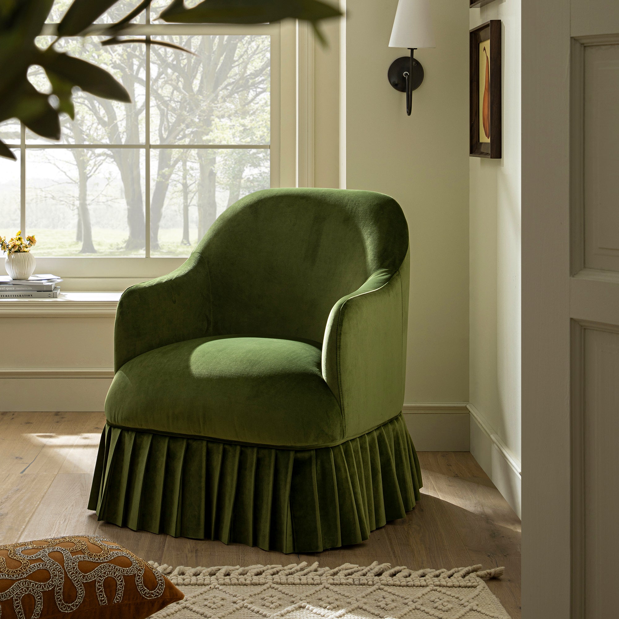 Calliope Skirted Armchair, Fern Green Velvet