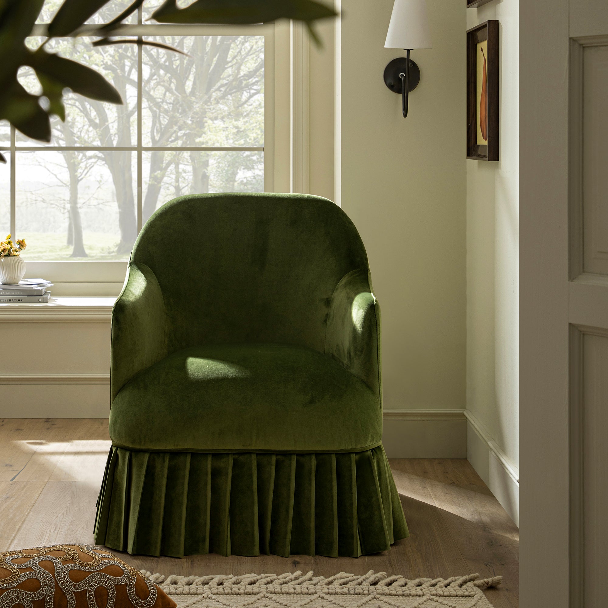 Calliope Skirted Armchair, Fern Green Velvet