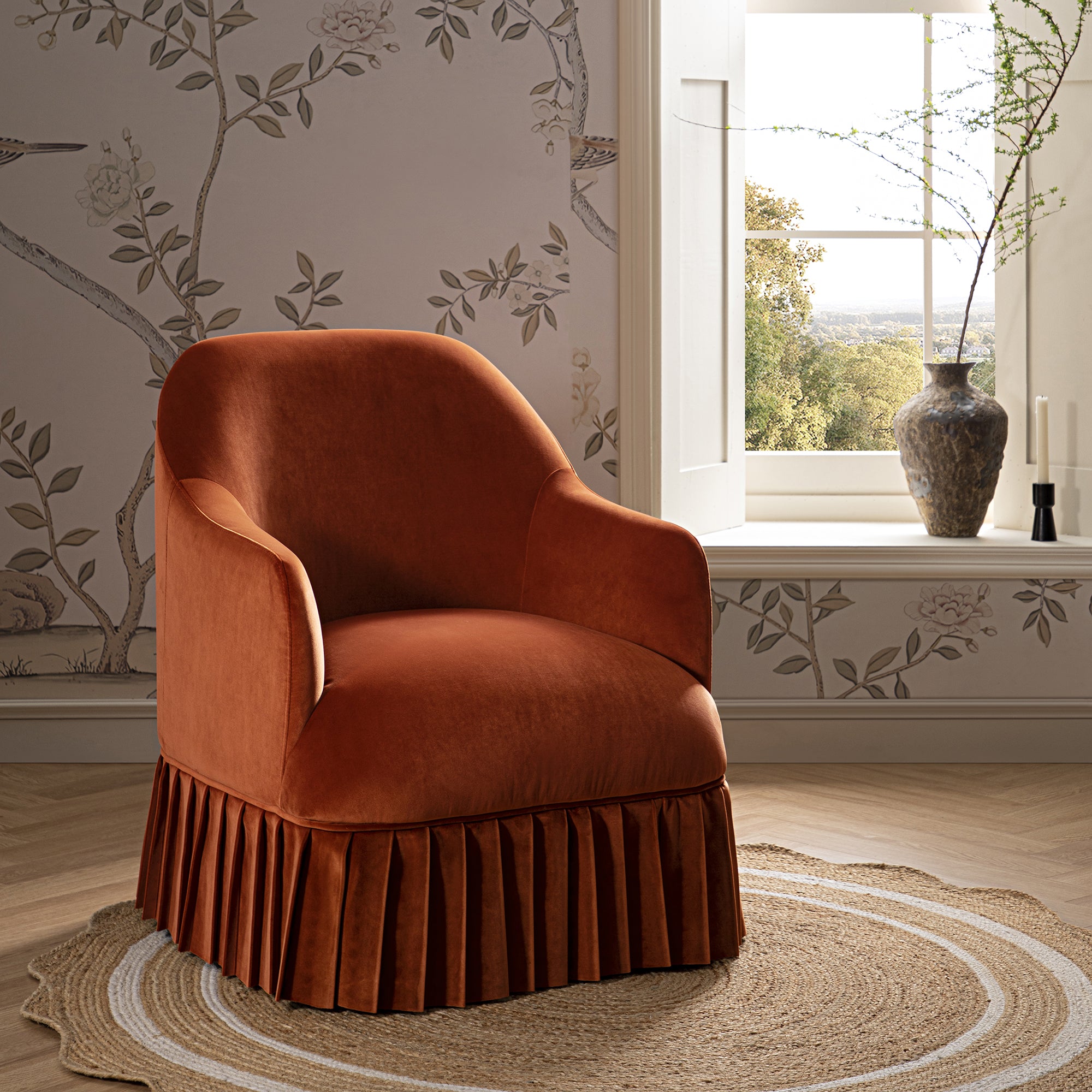 Calliope Skirted Armchair, Rust Velvet