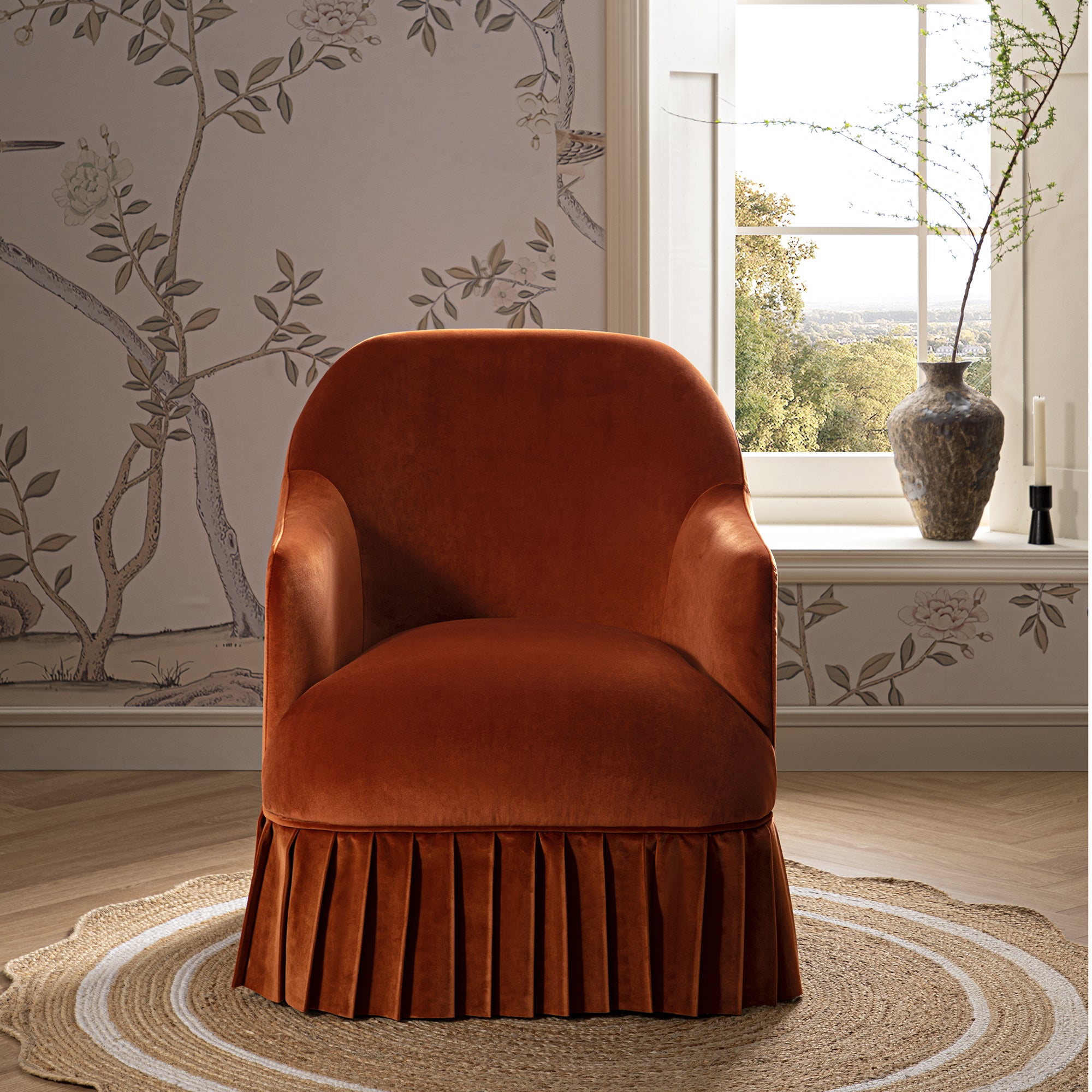 Calliope Skirted Armchair, Rust Velvet