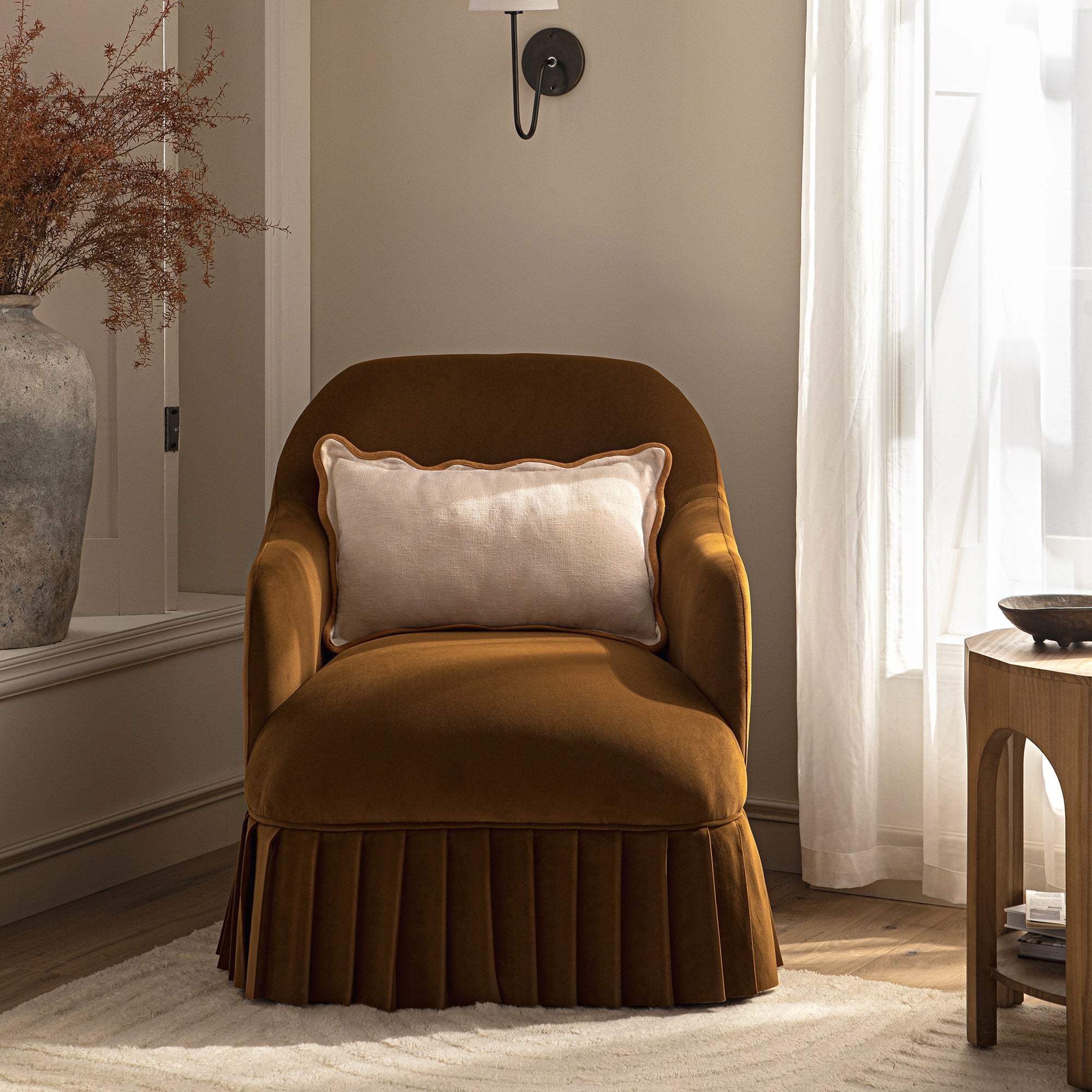 Calliope Skirted Armchair, Cinnamon Velvet