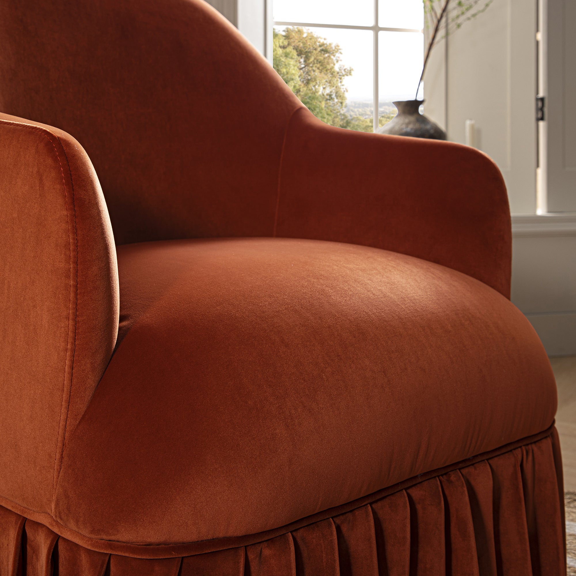 Calliope Skirted Armchair, Rust Velvet