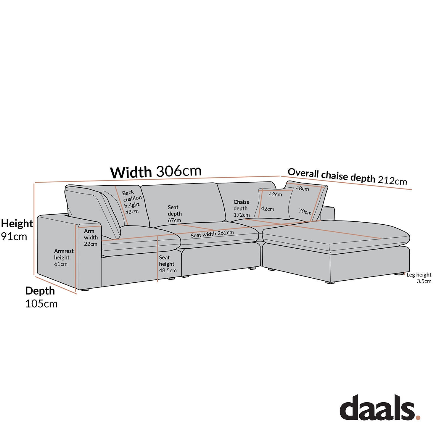 Lutyens Oatmeal Weave Fabric Modular Sofa, 3-Piece Chaise