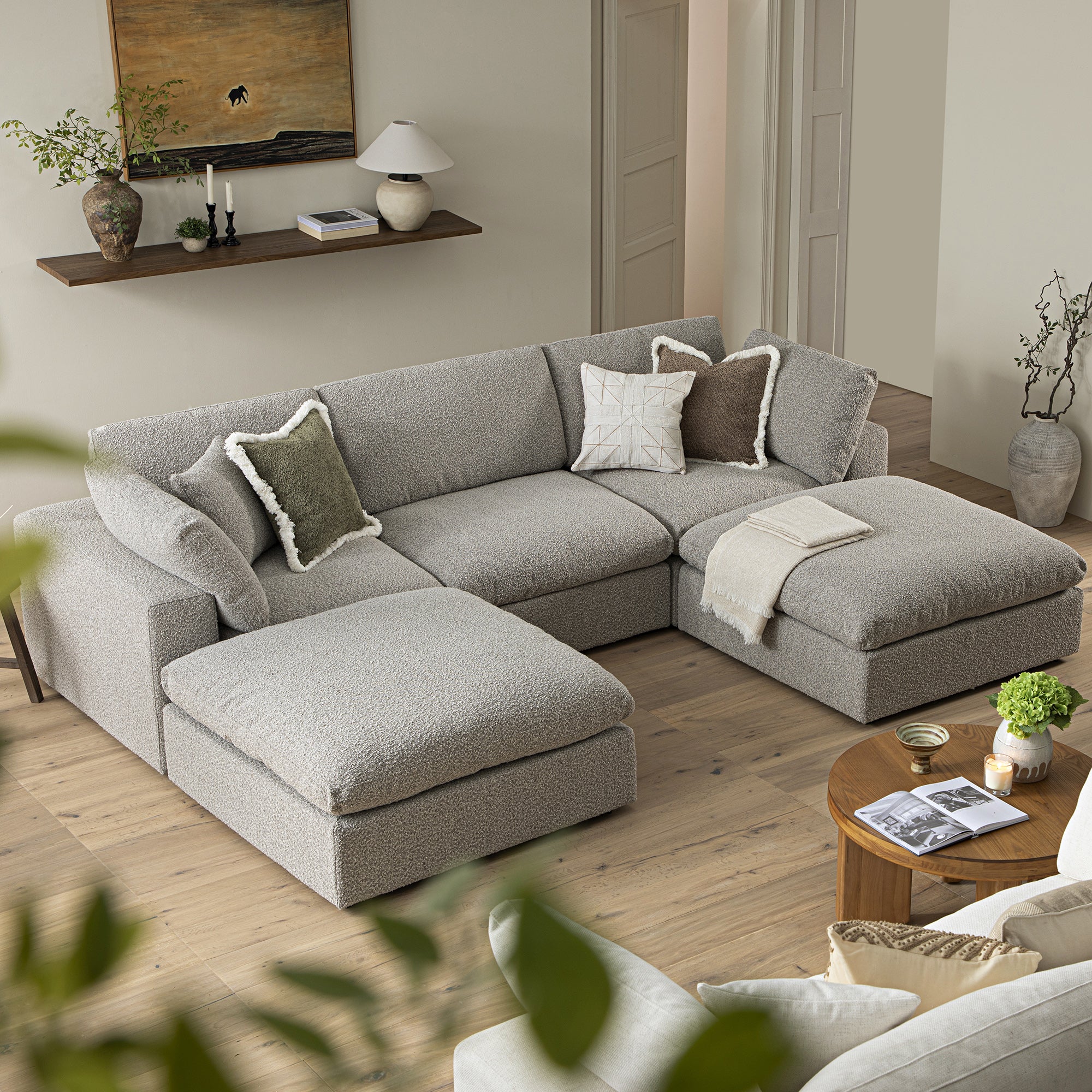 Lutyens Taupe Boucle Modular Sofa, 5-Piece U-Shape Set