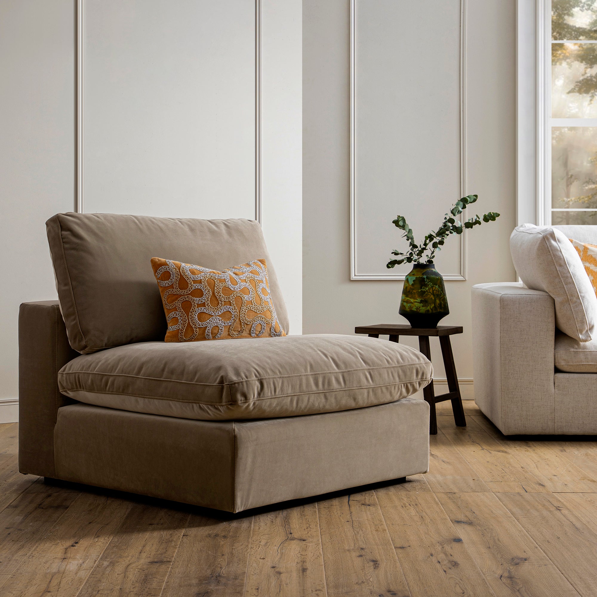 Lutyens Taupe Velvet Modular Sofa, Armless Seat