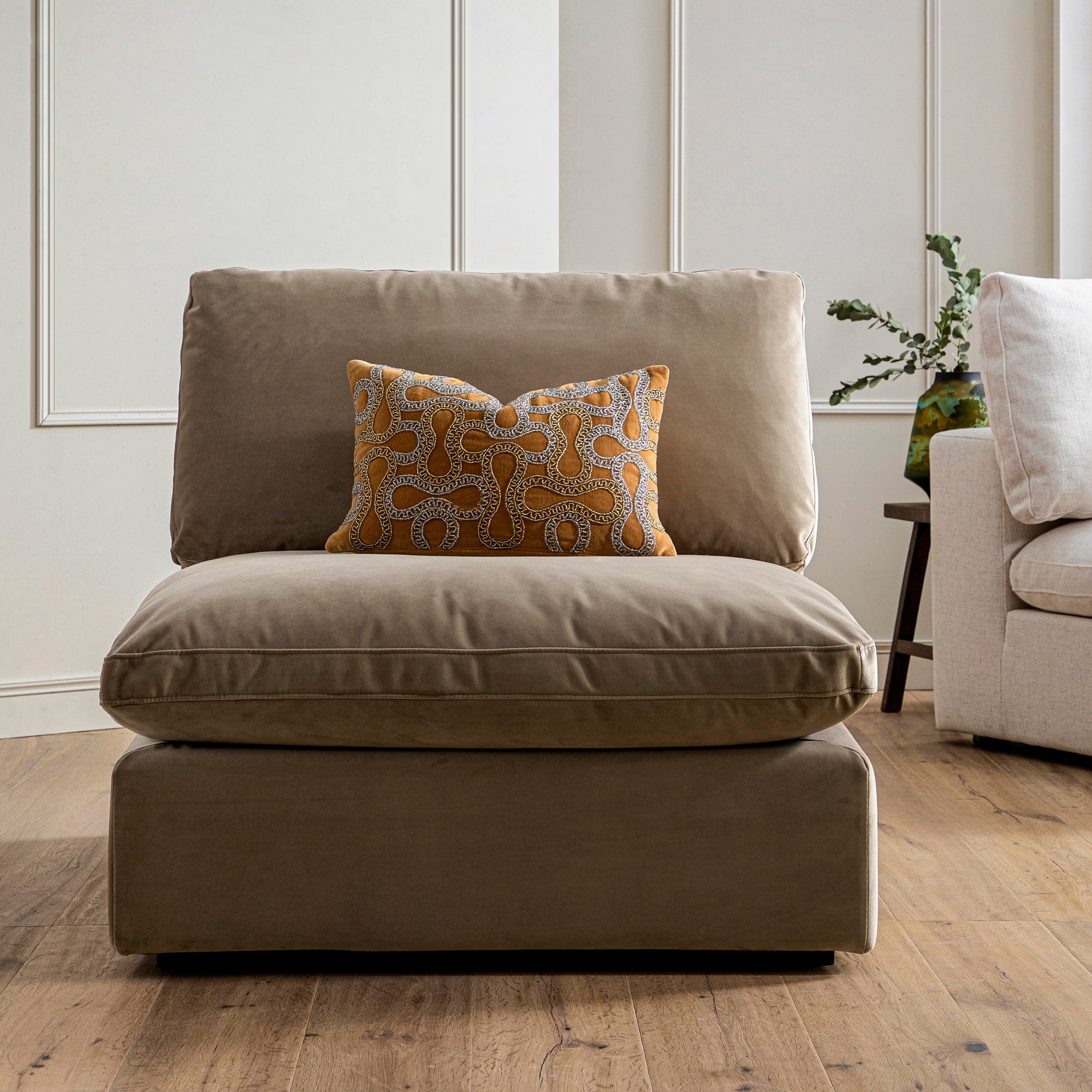 Lutyens Taupe Velvet Modular Sofa, Armless Seat