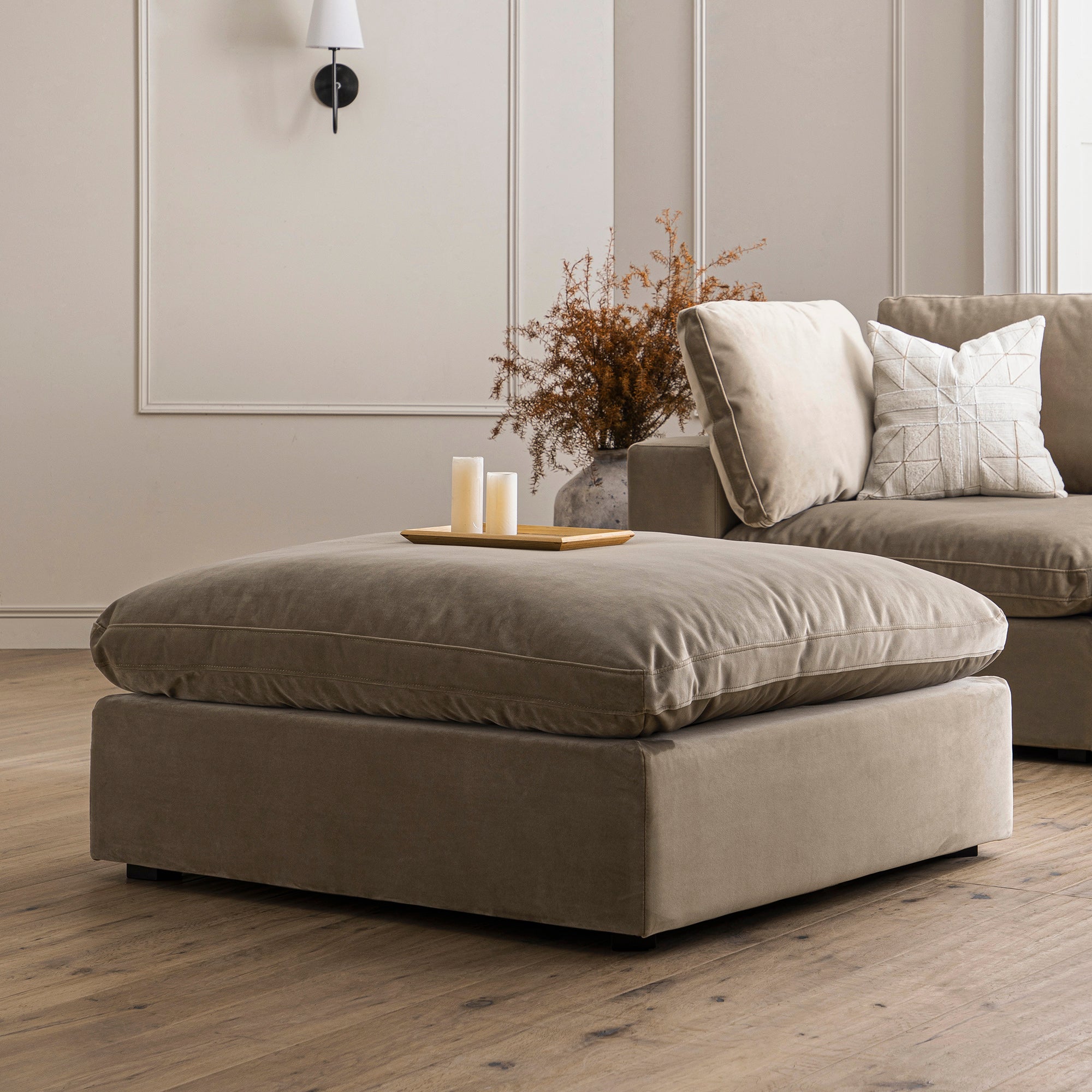 Lutyens Taupe Velvet Modular Sofa, Stool