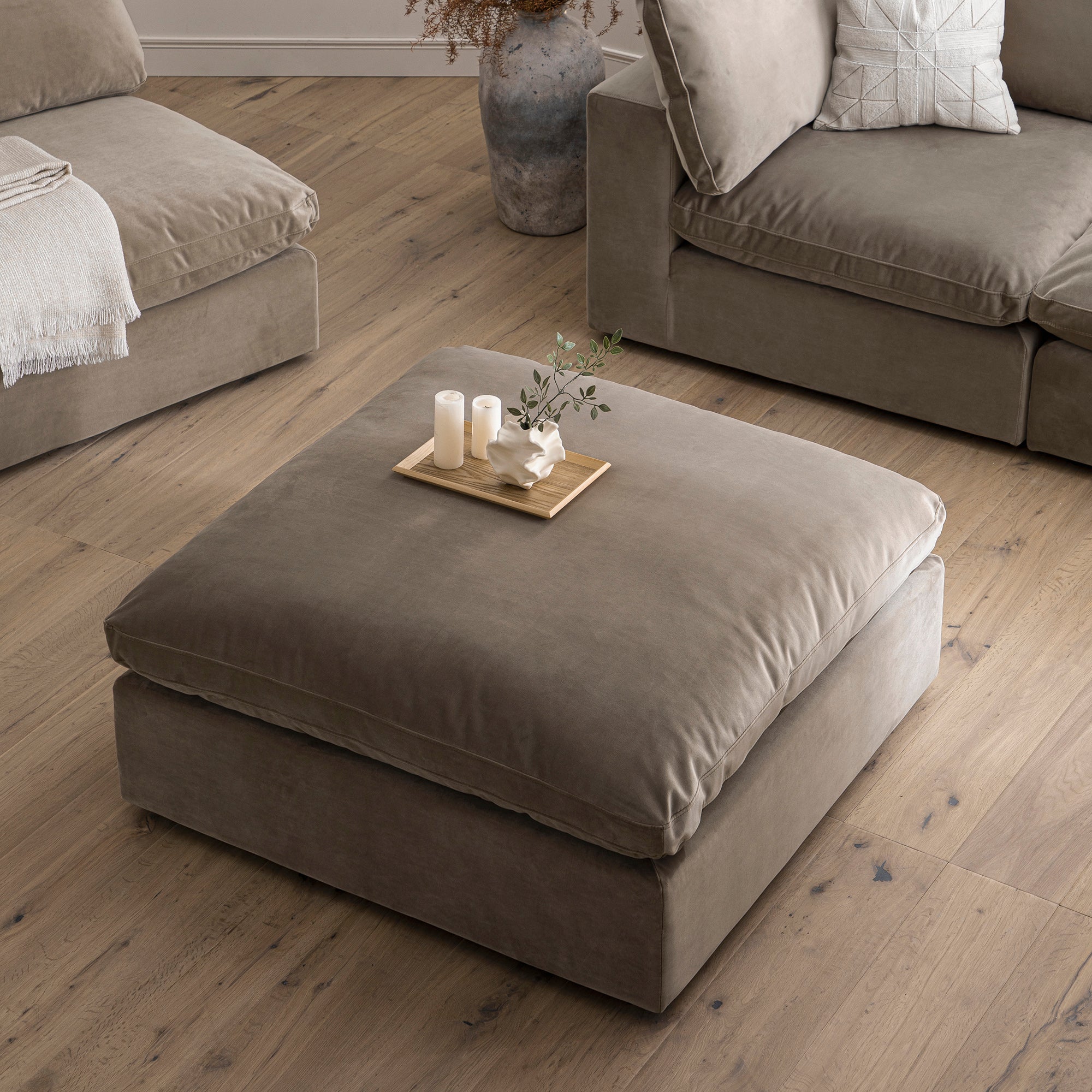 Lutyens Taupe Velvet Modular Sofa, Stool