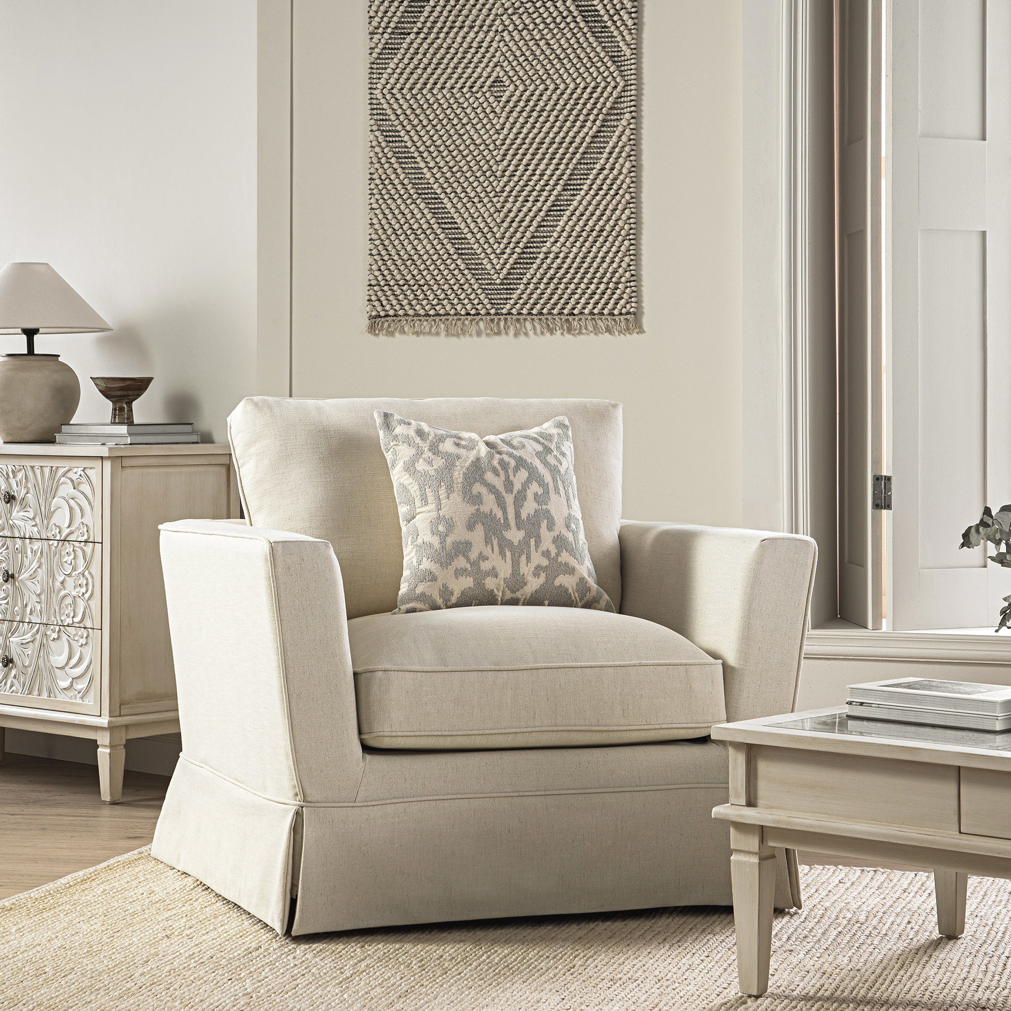 Fitz Skirted Armchair, Oatmeal Linen Blend