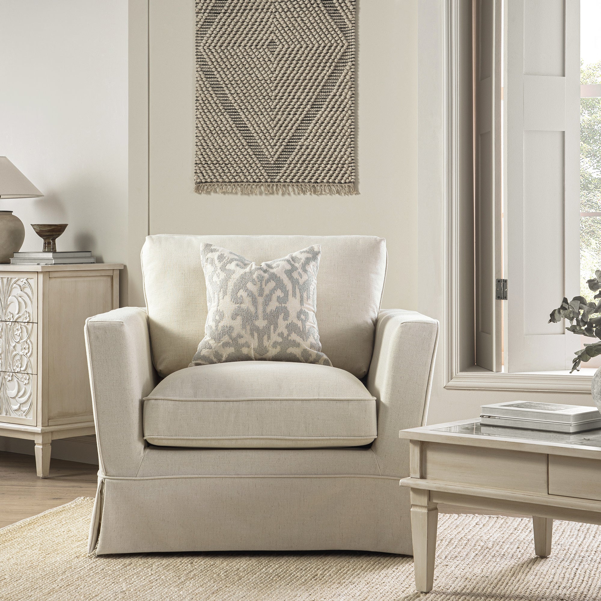 Fitz Skirted Armchair, Oatmeal Linen Blend