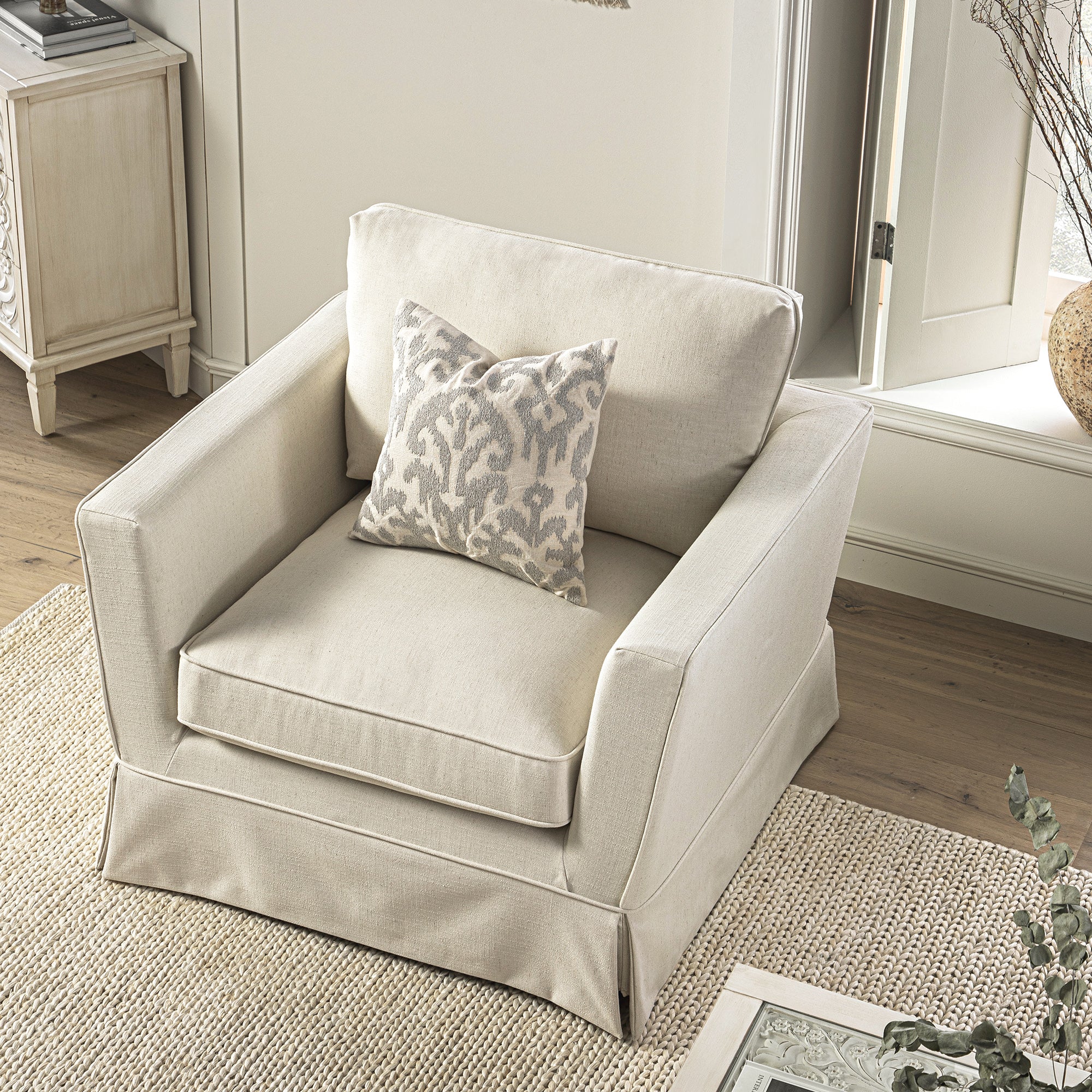 Fitz Skirted Armchair, Oatmeal Linen Blend