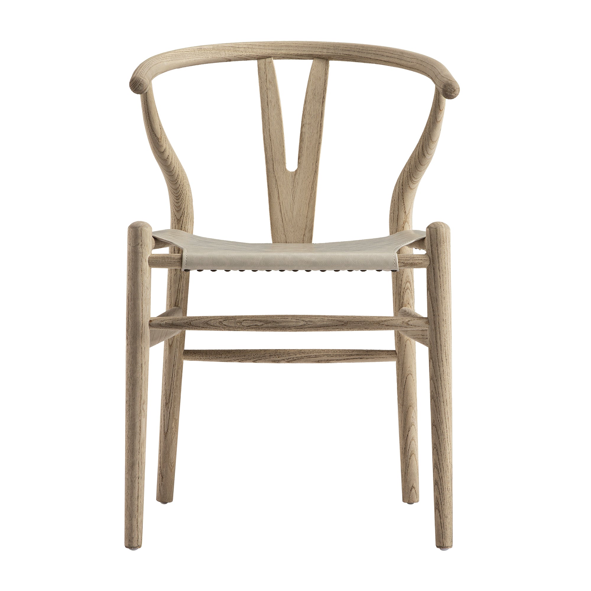 Hansel Wishbone Dining Chair, Weathered Elm Frame with Light Grey Faux Leather Seat