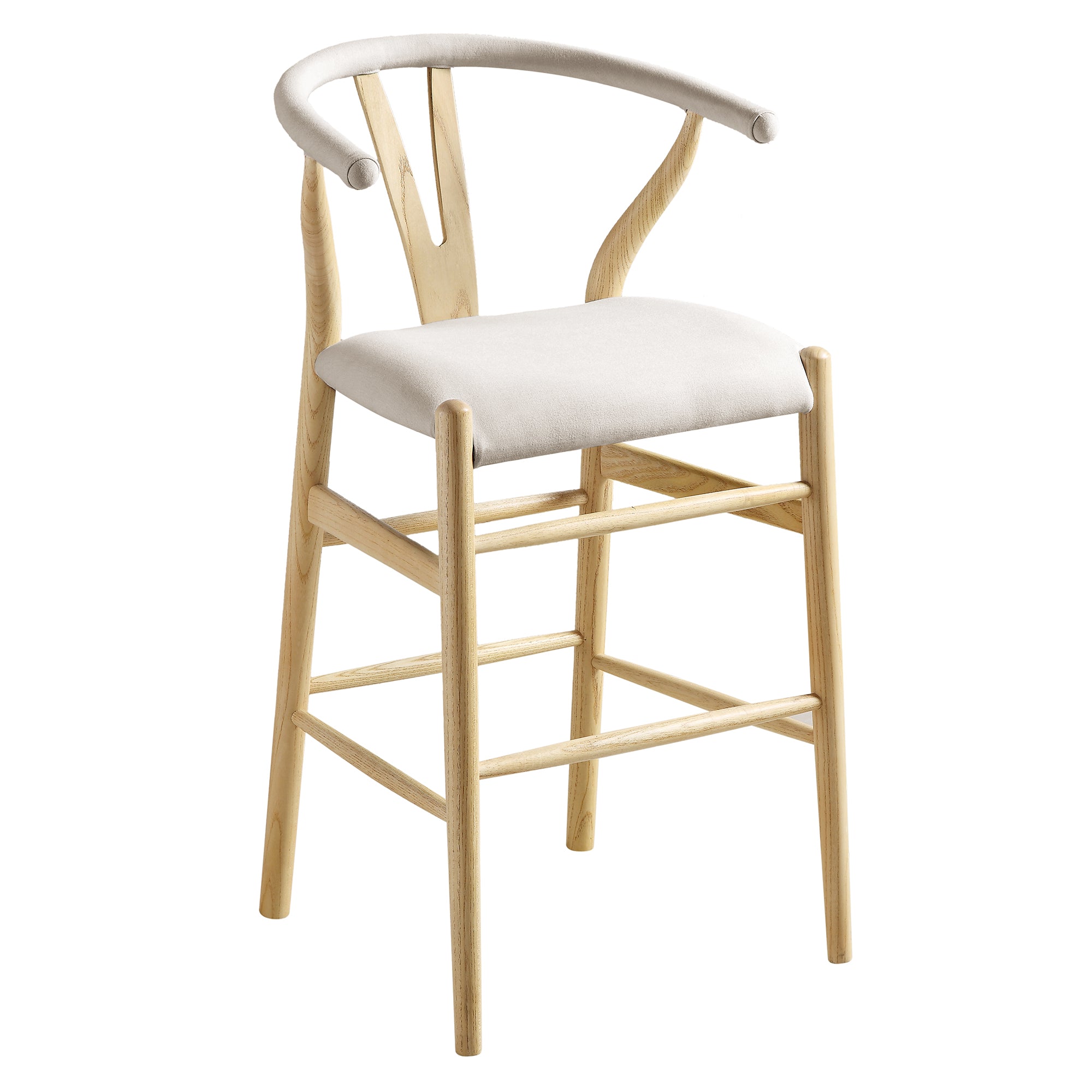 Hansel Upholstered Wishbone Counter Stool, Beige Fabric and Natural Frame