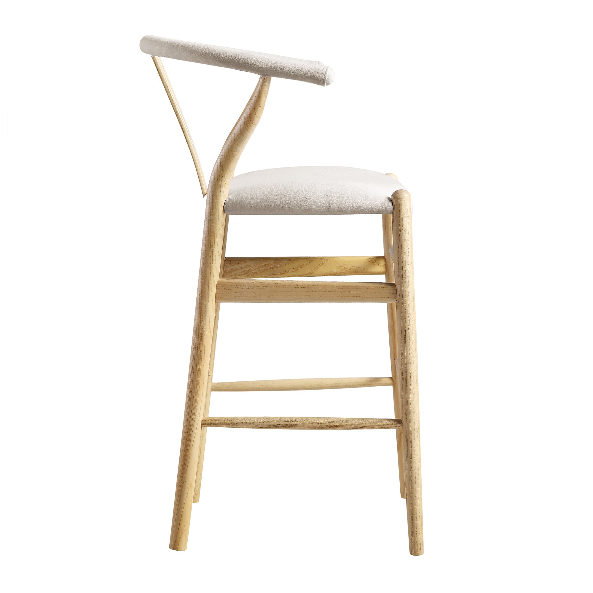 Hansel Upholstered Wishbone Counter Stool, Beige Fabric and Natural Frame