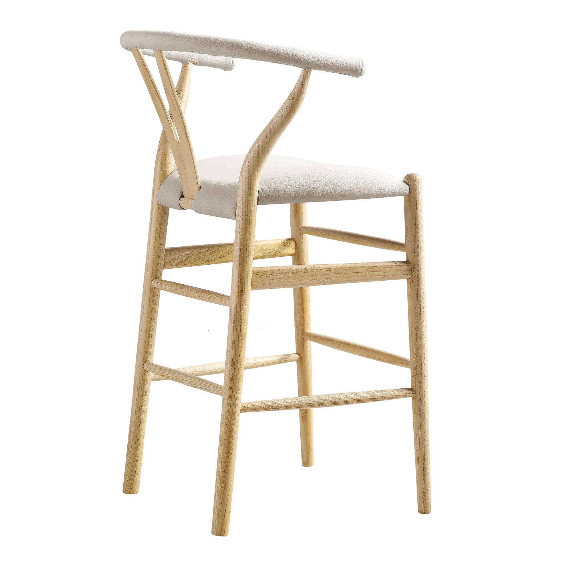 Hansel Upholstered Wishbone Counter Stool, Beige Fabric and Natural Frame