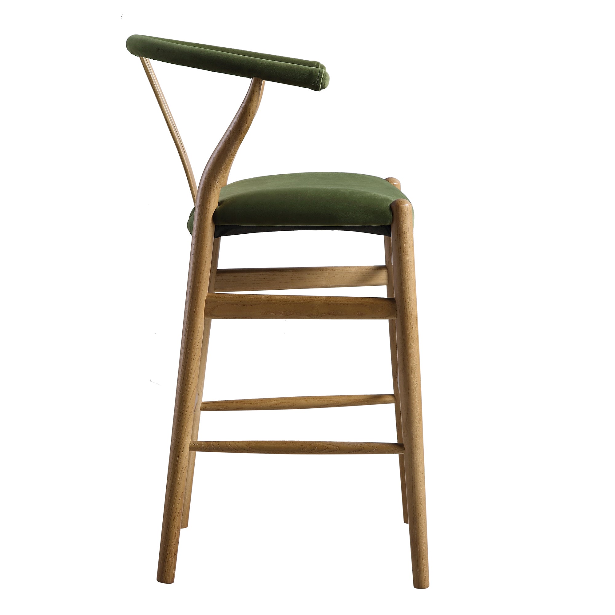 Hansel Upholstered Wishbone Counter Stool, Moss Green Velvet and Light Walnut Frame