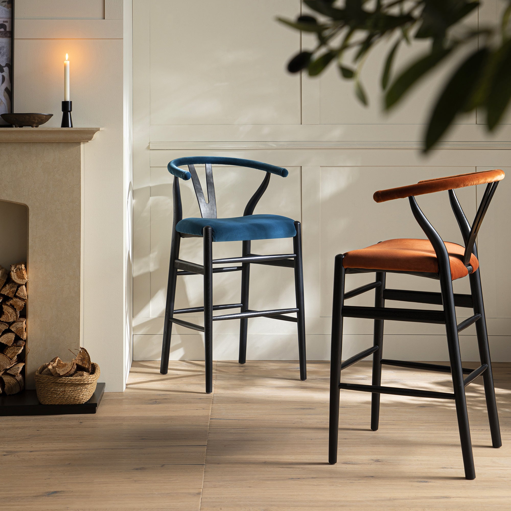 Hansel Upholstered Counter Stool, Blue Velvet and Black Frame