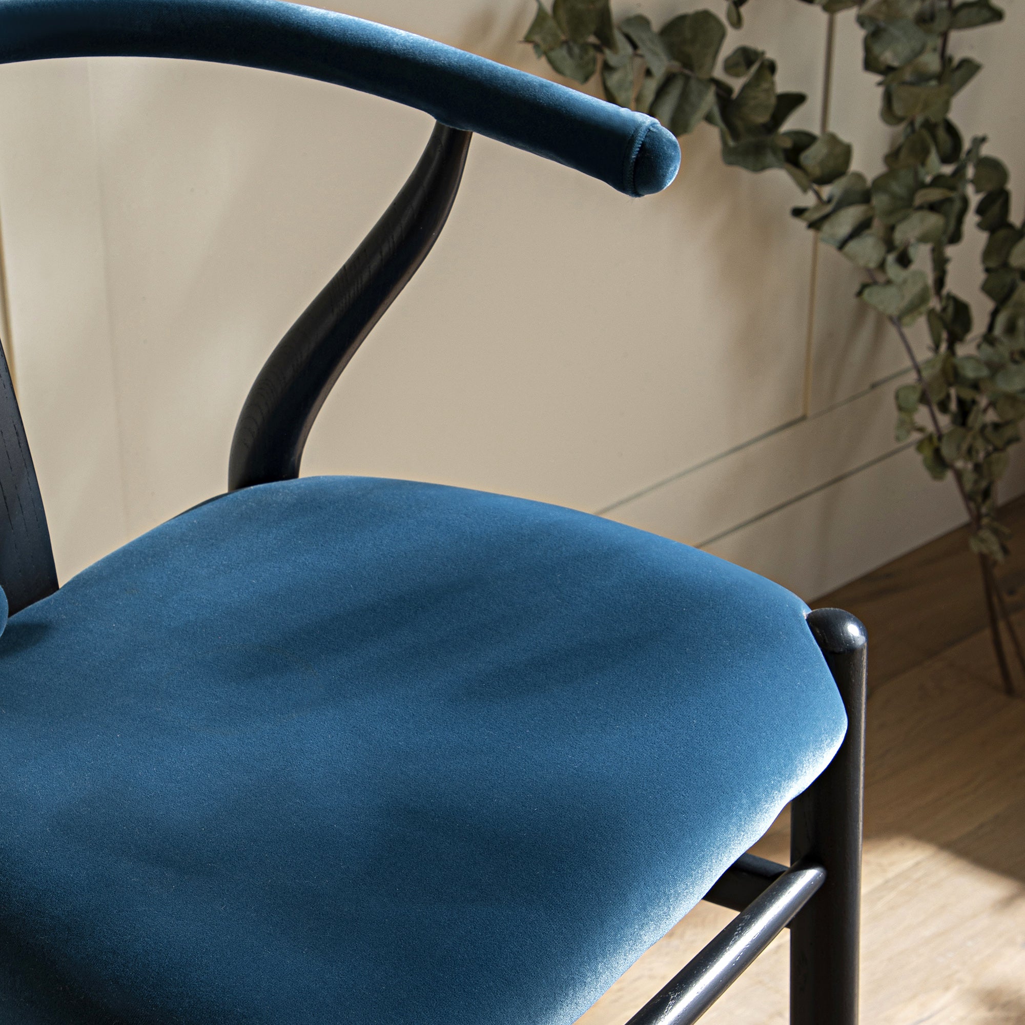 Hansel Upholstered Counter Stool, Blue Velvet and Black Frame