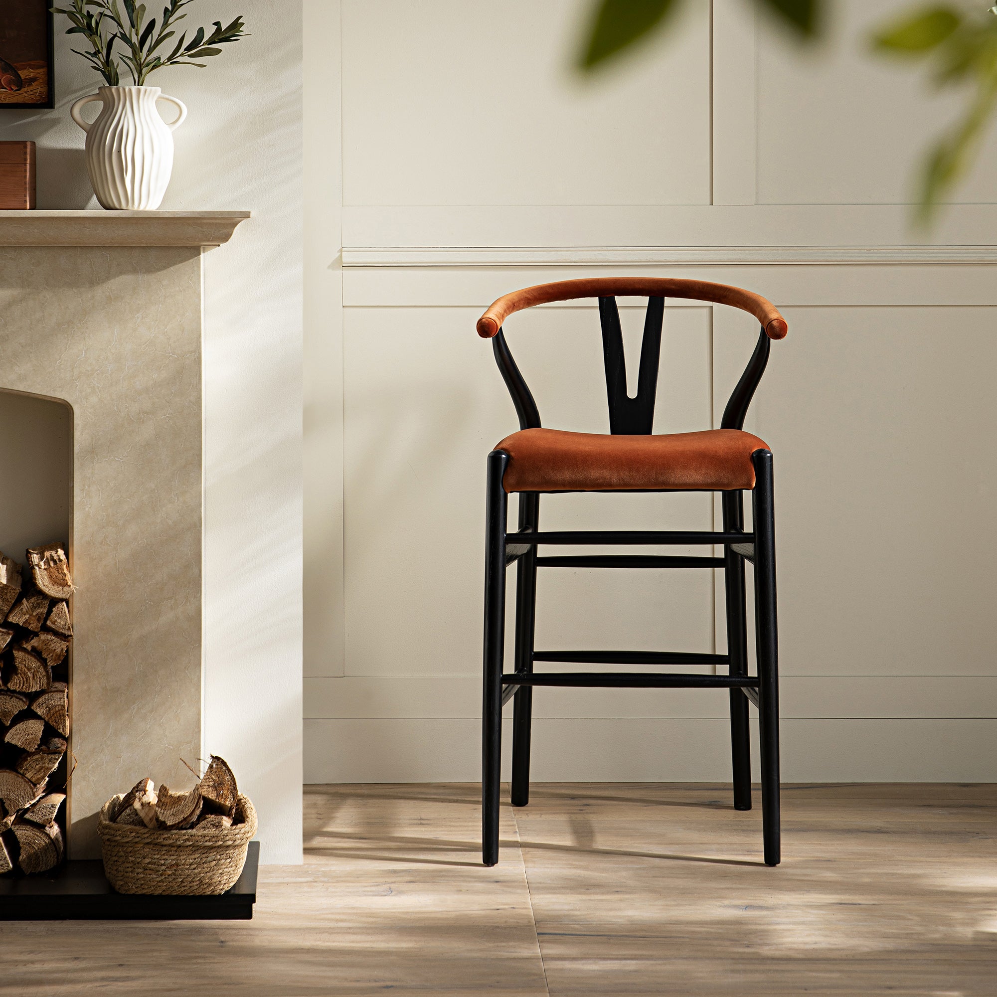 Hansel Upholstered Counter Stool, Rust Velvet and Black Frame