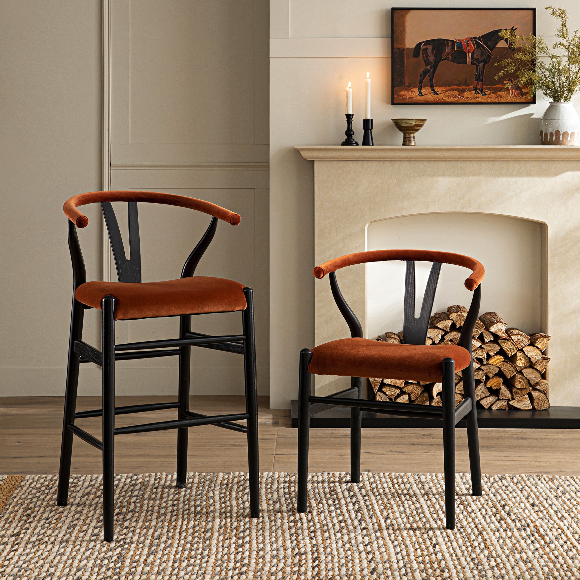 Hansel Upholstered Counter Stool, Rust Velvet and Black Frame