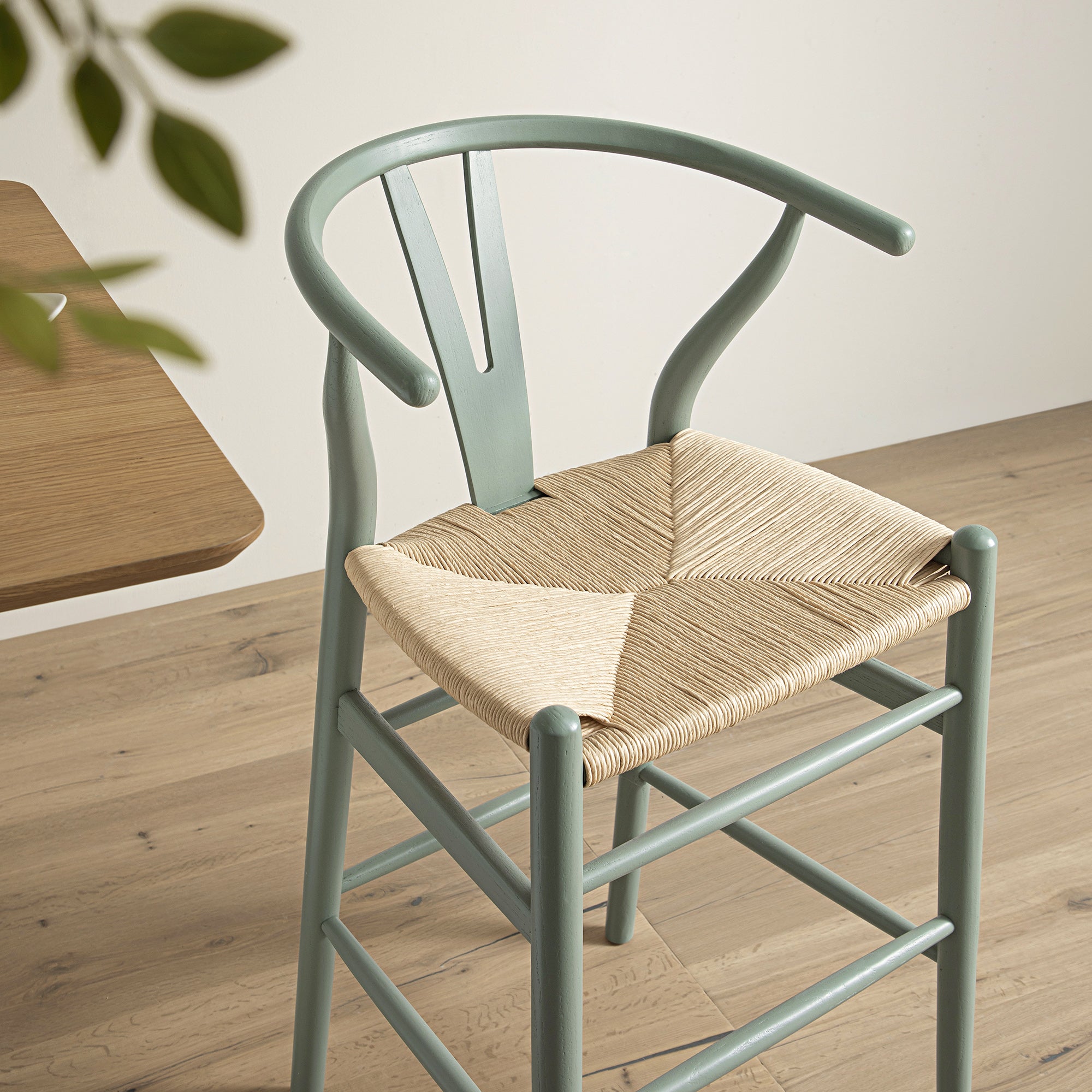 Hansel Wooden Natural Weave Counter Stool, Sage Green Frame